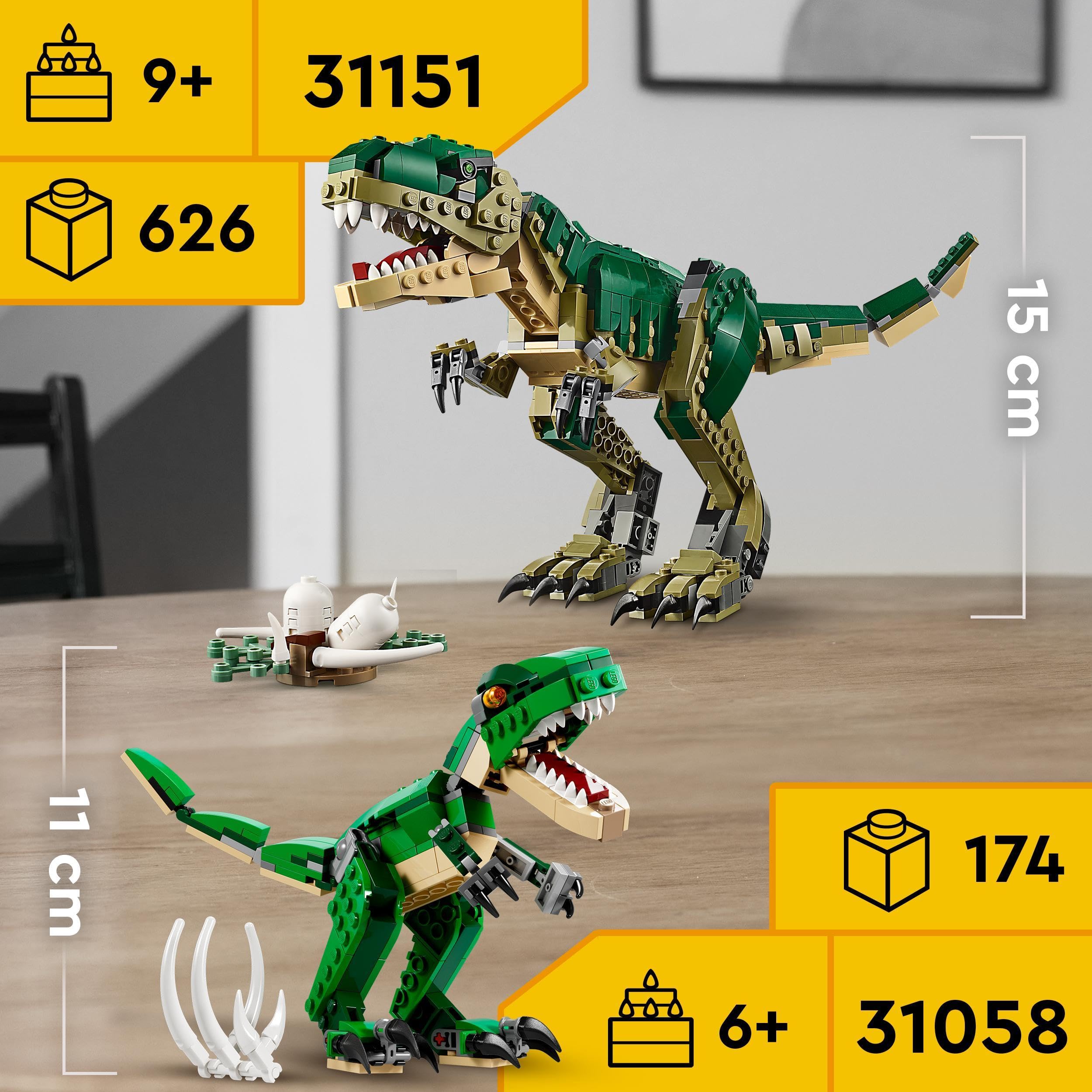 LEGO Creator Dinosauro, Set Animali Giocattolo 3 in 1 per Costruire, Giochi per Bambini, Bambine, Ragazzi e Ragazze con T. Rex o Triceratopo o Pterodattilo in Mattoncini, Idee Regalo Creative 31058