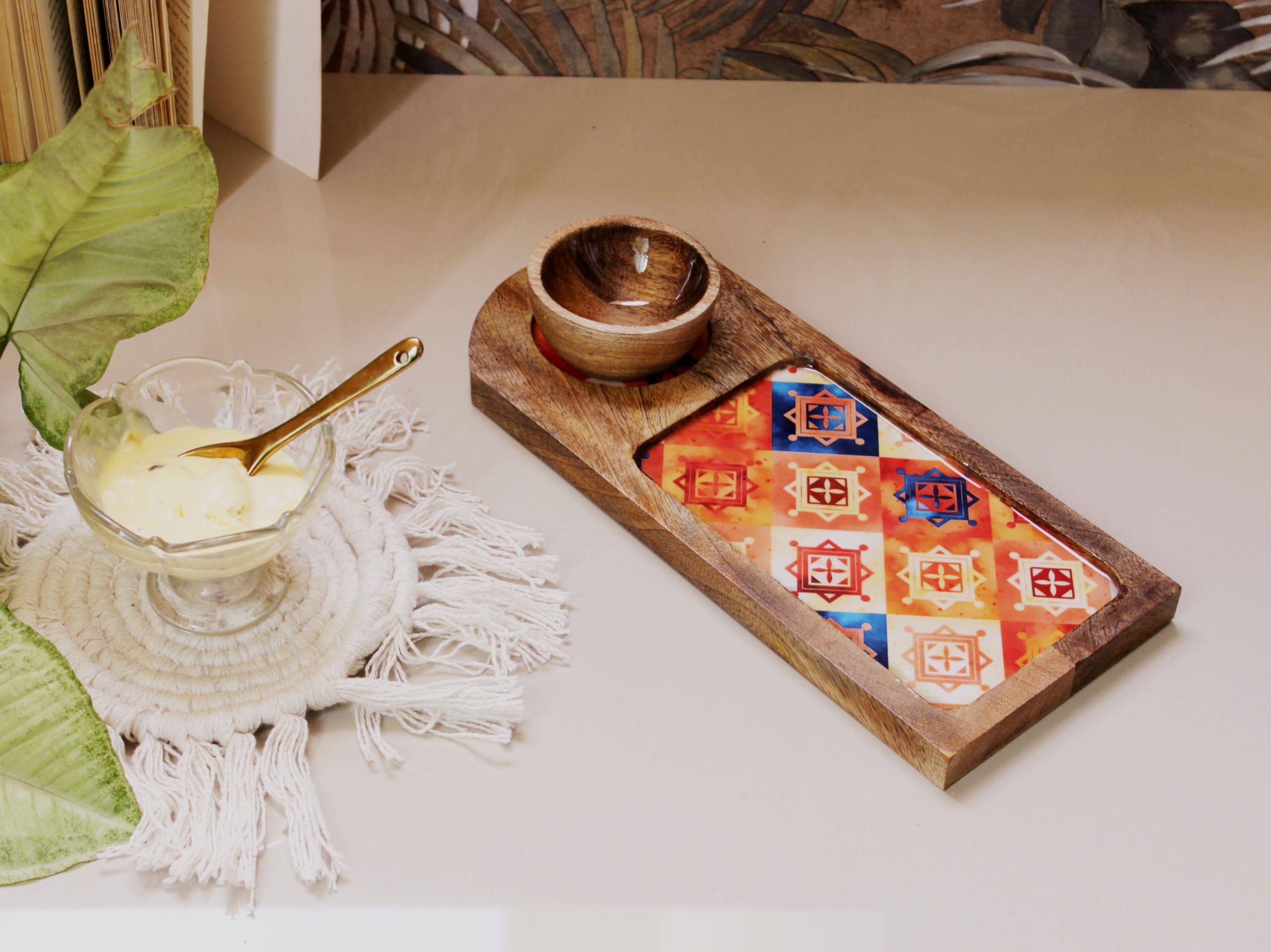 Monstera Hut ® Geo Pop Fusion Bowl with Rectangular Tray | Serving Platter | Platters for Serving Snacks | Unbreakable Dessert and Snacks Platte | Tray