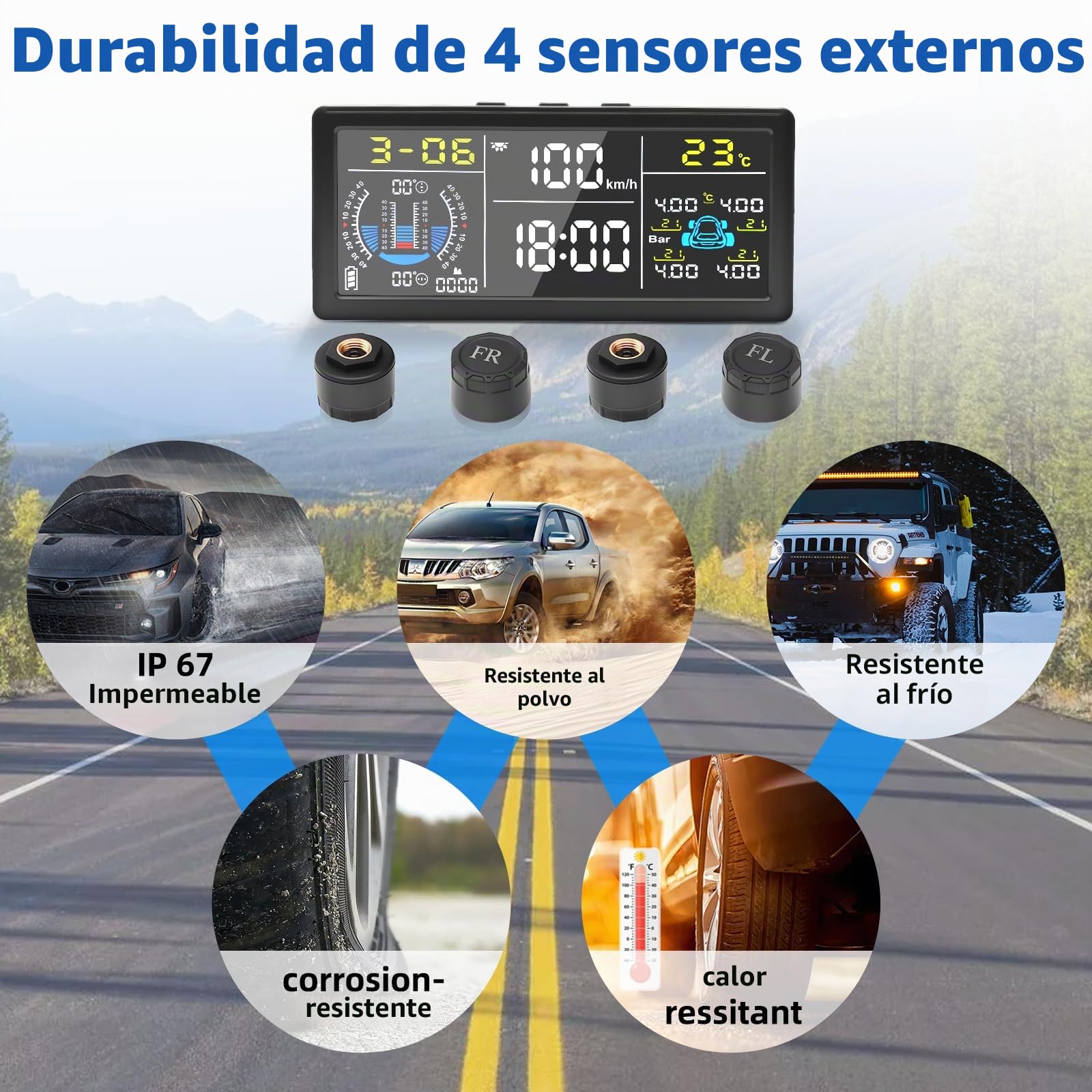 Sistema de Monitoreo de Presión de Neumáticos TPMS 0-199psi, Solar USB, Sensores de Núcleo de Cobre, 6 Modos de Alerta Incluyendo Alerta de Exceso de Velocidad Vehículo Remolque Caravana