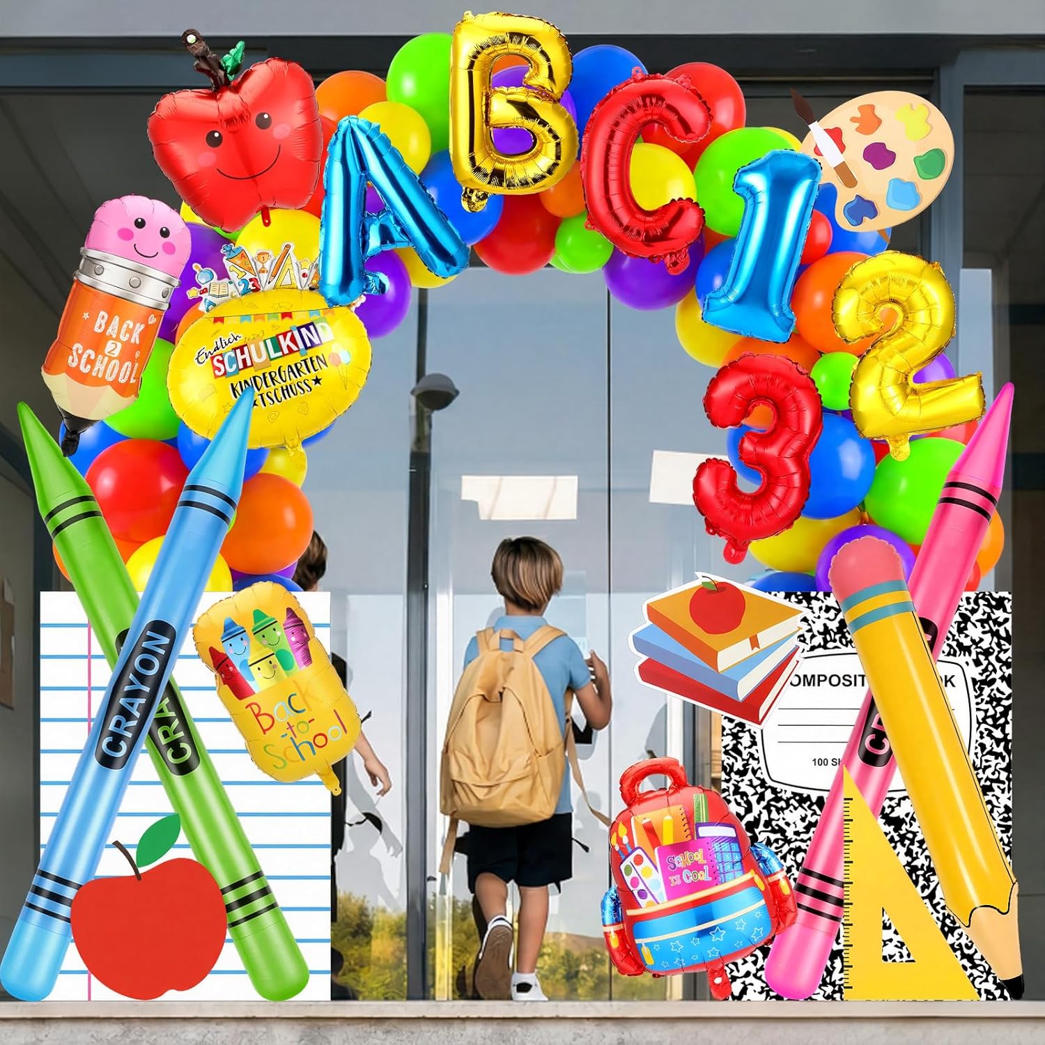 207 Pcs Kindergarten Graduation Decorations Preschool Graduation Balloons Arch Kit Pencil Crayon Abc 123 Themed Balloon Backdrop for Back to School Classroom Kindergarten Party Supplies