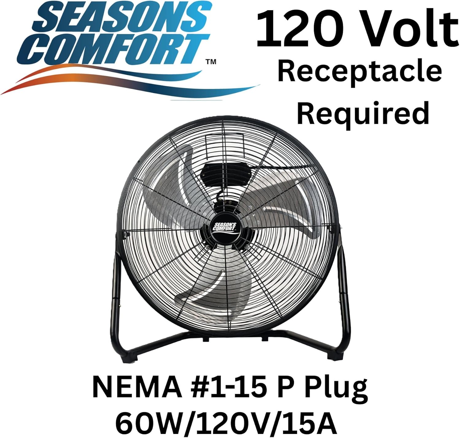 Seasons Comfort 14 Inch High Velocity Heavy Duty Fan, Black, 3 Speeds, 360 Degree Tilt, Carry Handle, 60 W - Metal Industrial Floor Fan for Home, Office & Worksite