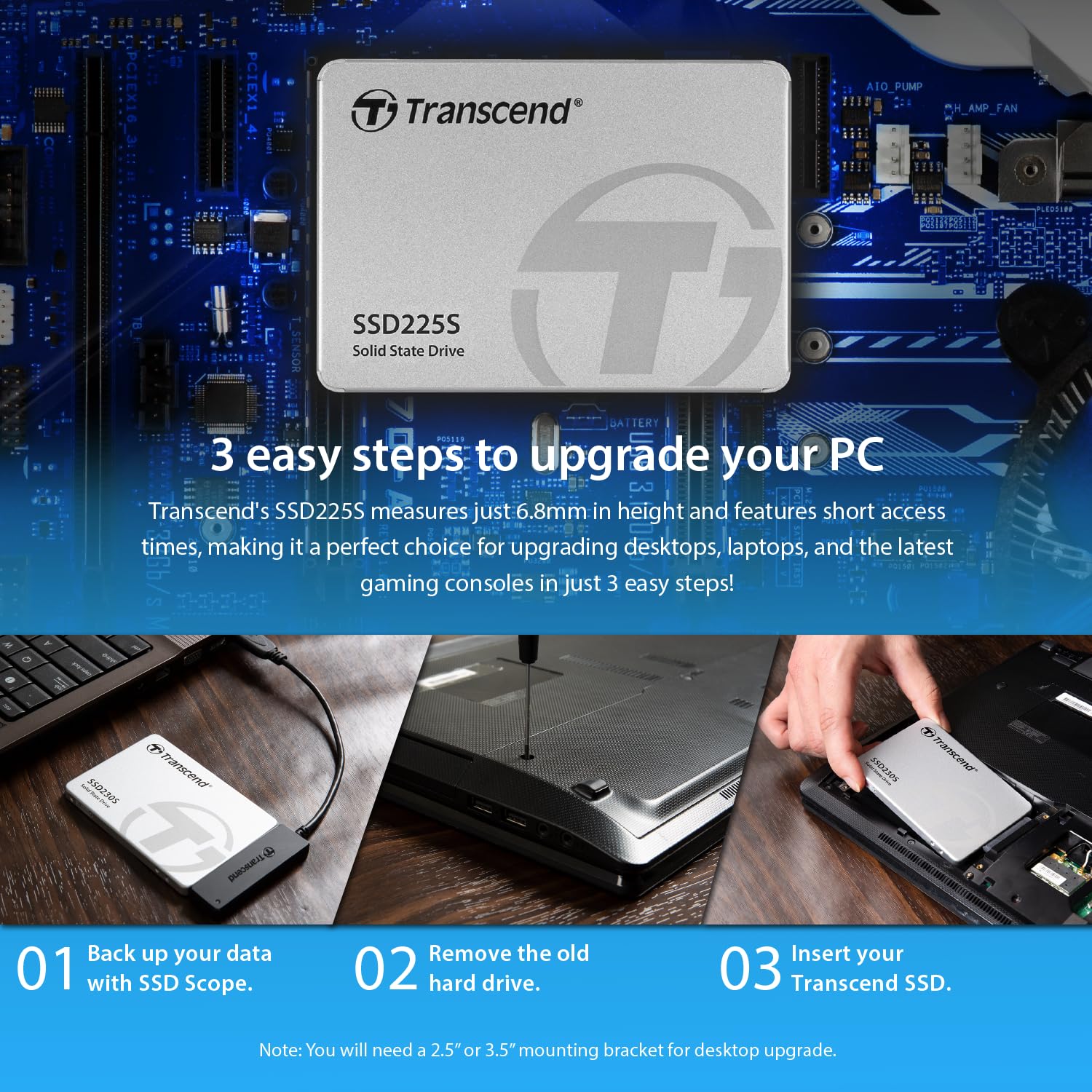 Transcend SSD interno SSD225S SATA III 2,5" (6 Gb/s) da 500 GB - memoria 3D NAND, resistente agli urti - TS500GSSD225S