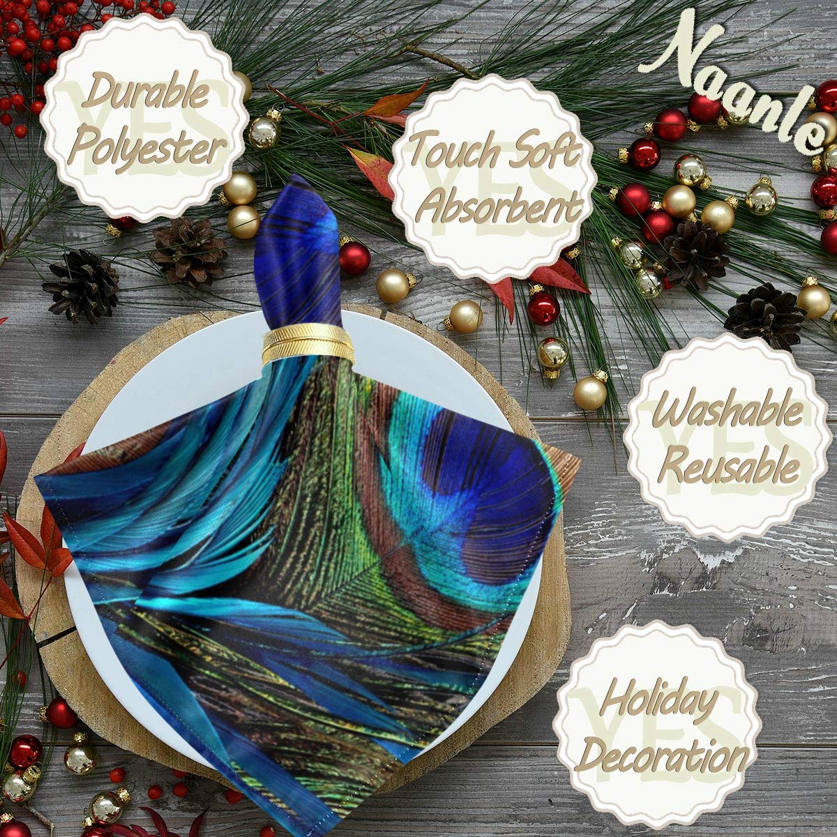 Naanle Peacock Cloth Napkins Dinner Table Napkins Set of 4, Peacock Feather Solid Washable Reusable Polyester Napkins with Hemmed Edges for Home Holiday Party Wedding Oversized 20 x 20 in