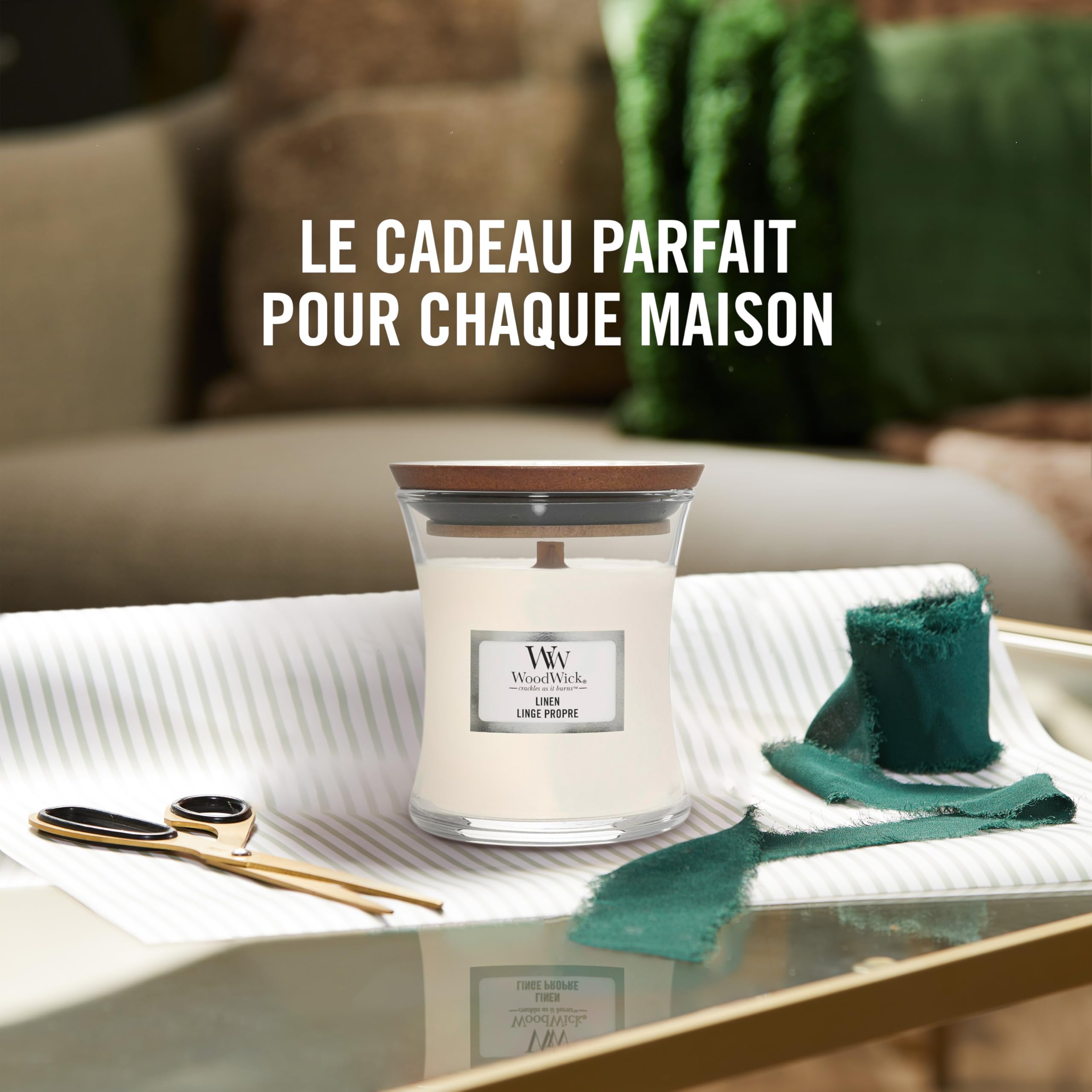 WoodWick bougie parfumée moyenne mèche bois crépitante Thé blanc jasmin 20h combustion