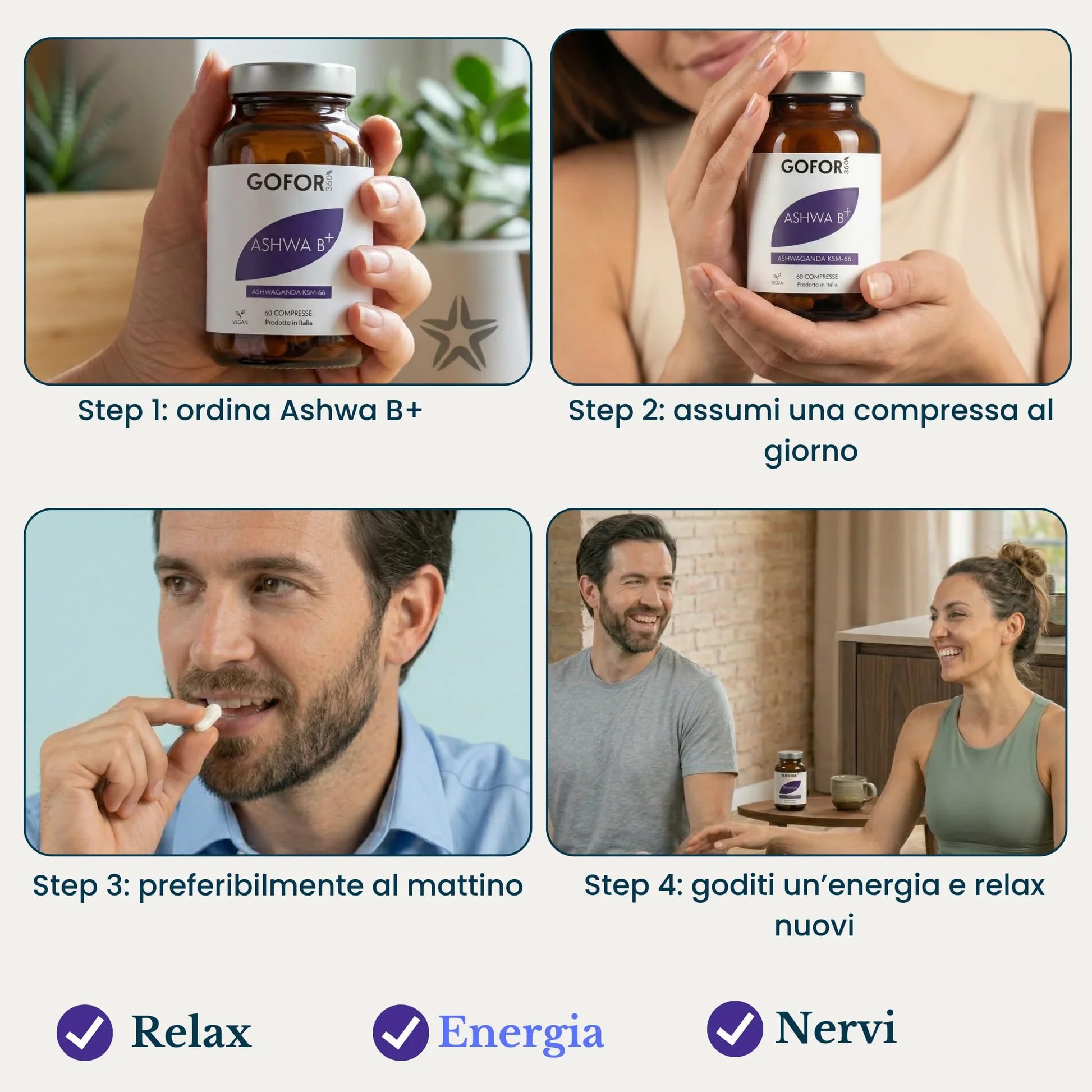GOFOR360 Ashwa-B+ Ashwagandha KSM-66 Brevettata + 5 Vitamine del Gruppo B Alto Dosaggio | Integratore Stress, Energia e Lucidità Mentale | 60 Compresse 2 Mesi | Made in Italy