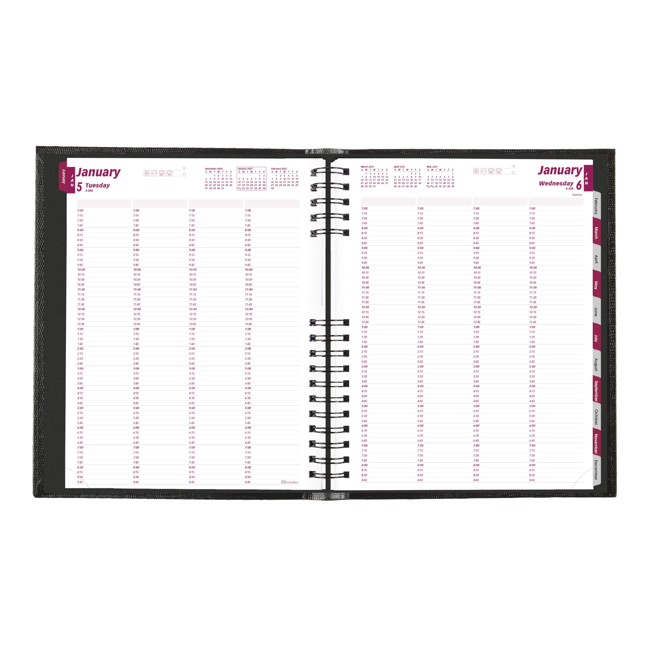 Brownline® CoilPro™ Agenda giornaliera professionale 2027, agenda per quattro persone, 12 mesi, da gennaio a dicembre, rilegatura a doppio filo, 28 x 21,6 cm, nero (CB960C.BLK)