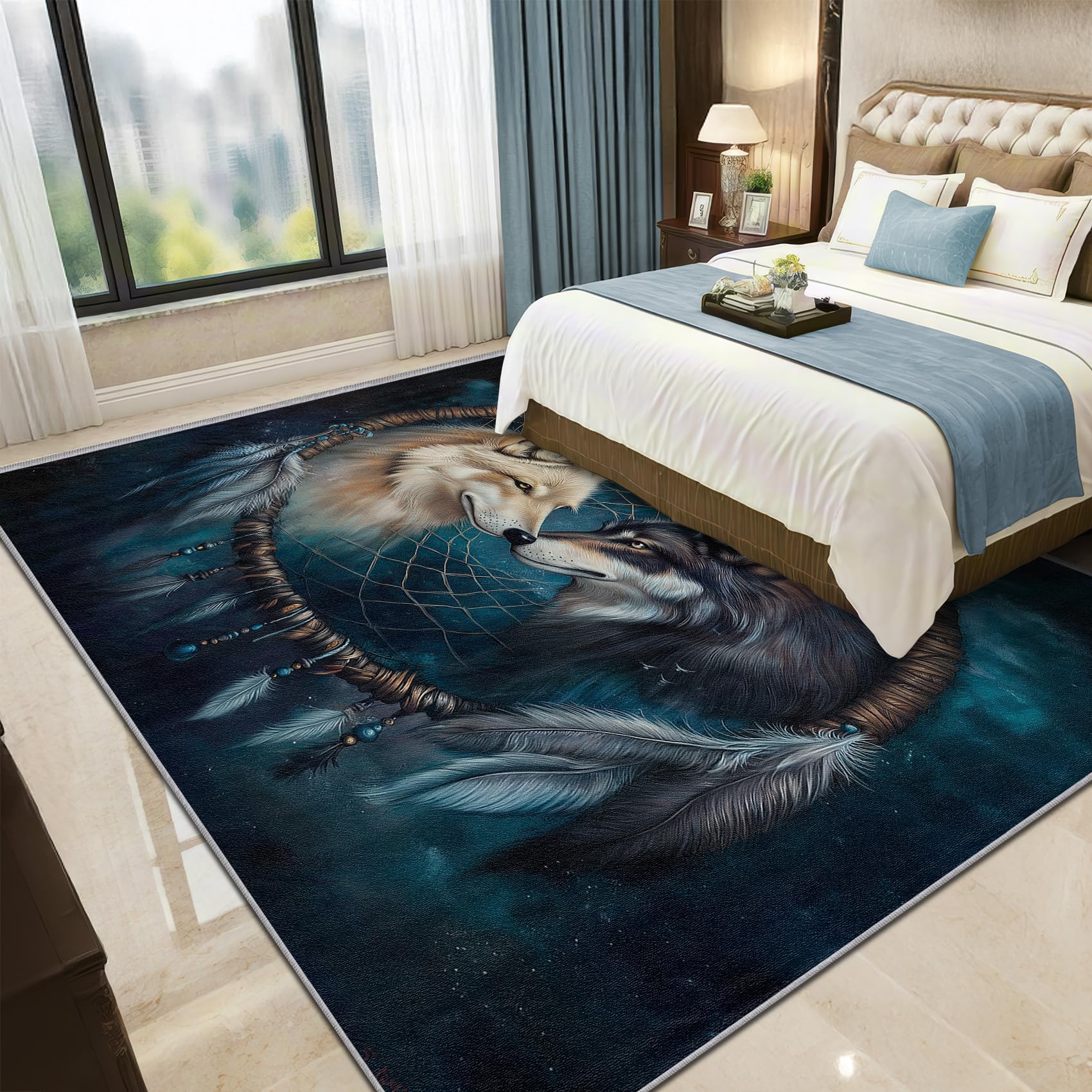 Wolf Teppich Waschbar, Indianische Wölfe Teppich 80x150 cm, Tiere rutschfest Waschbar Pflegeleicht Teppiche Für Schlafzimmer Küche, Dunkelblau