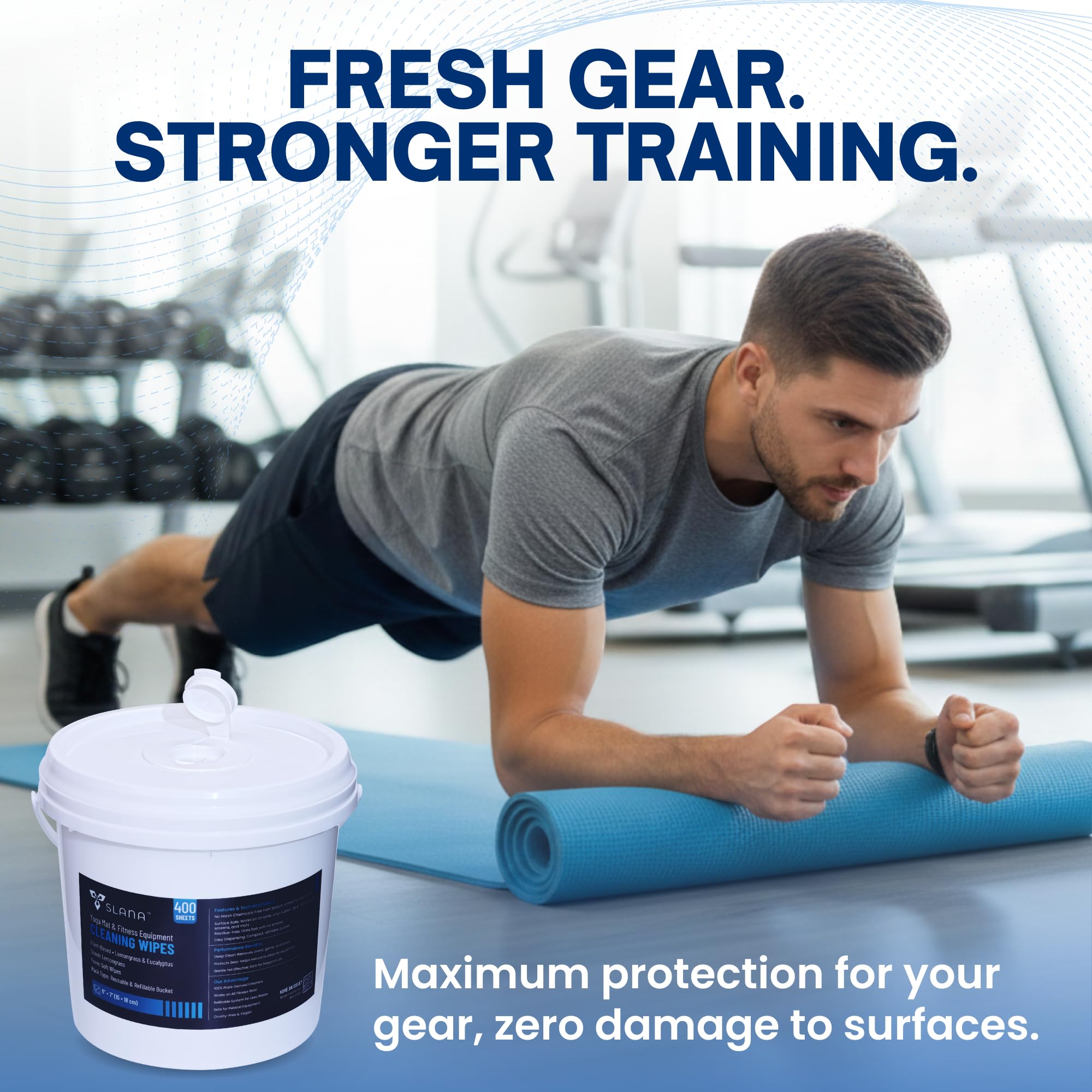 Salviette da palestra a base vegetale (400 pezzi) – Grandi 15,2 x 17,8 cm per la pulizia di attrezzature da fitness, salviettine detergenti per tappetino da yoga, citronella, senza residui