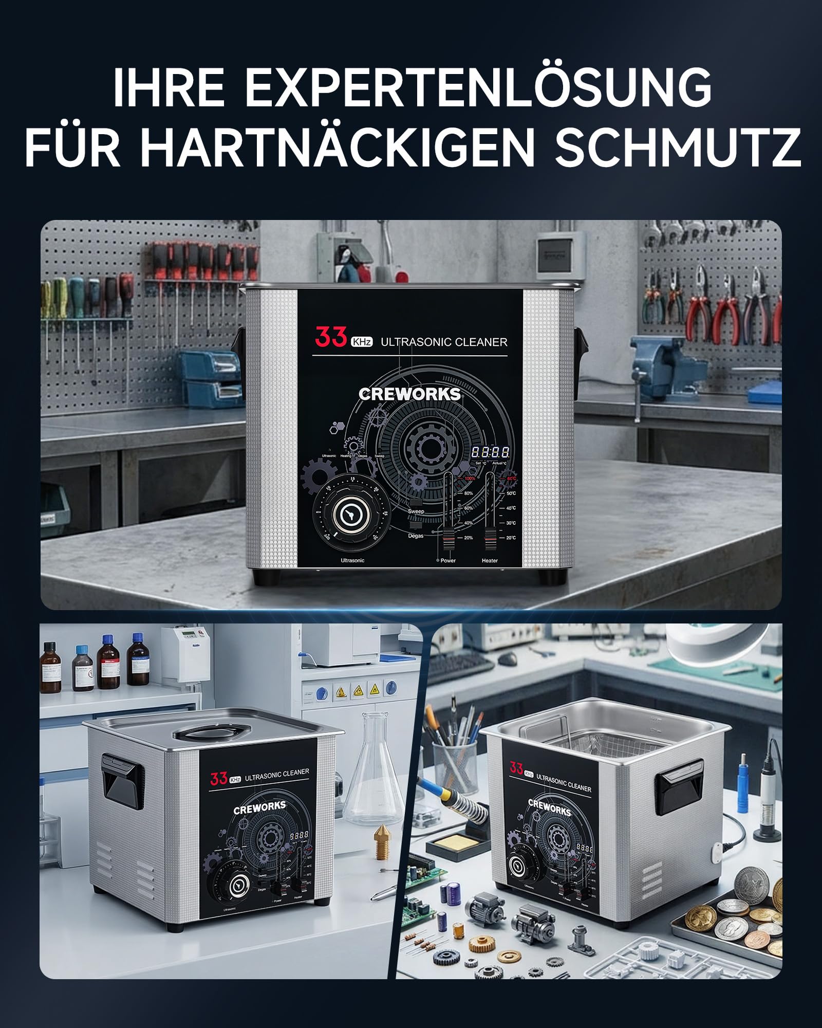 CREWORKS 15L Ultraschallreinigungsgerät Industriell, 33kHz 360W Ultraschallreiniger mit Sweep-Funktion, einstellbarer Timer und Temperatur, Teilereinigungsgerät mit Edelstahlkorb, 450W Heizleistung