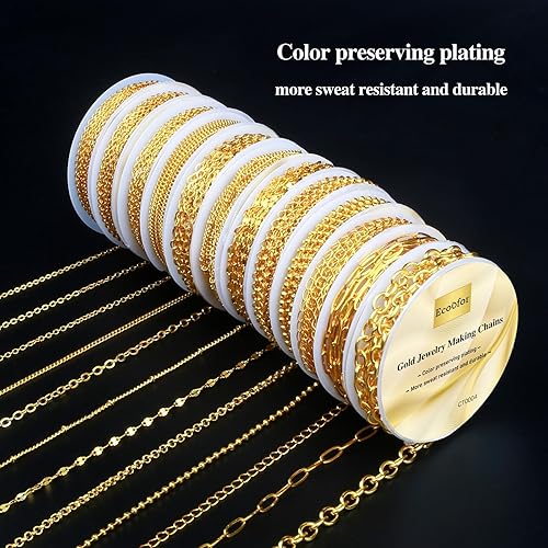 Miniatura 4 de Ecoofor Cadenas de oro para hacer joyas, 95.1 pies, 12 rollos de cadenas de joyería para hacer collares, pulseras, joyas con anillos de saltocierres