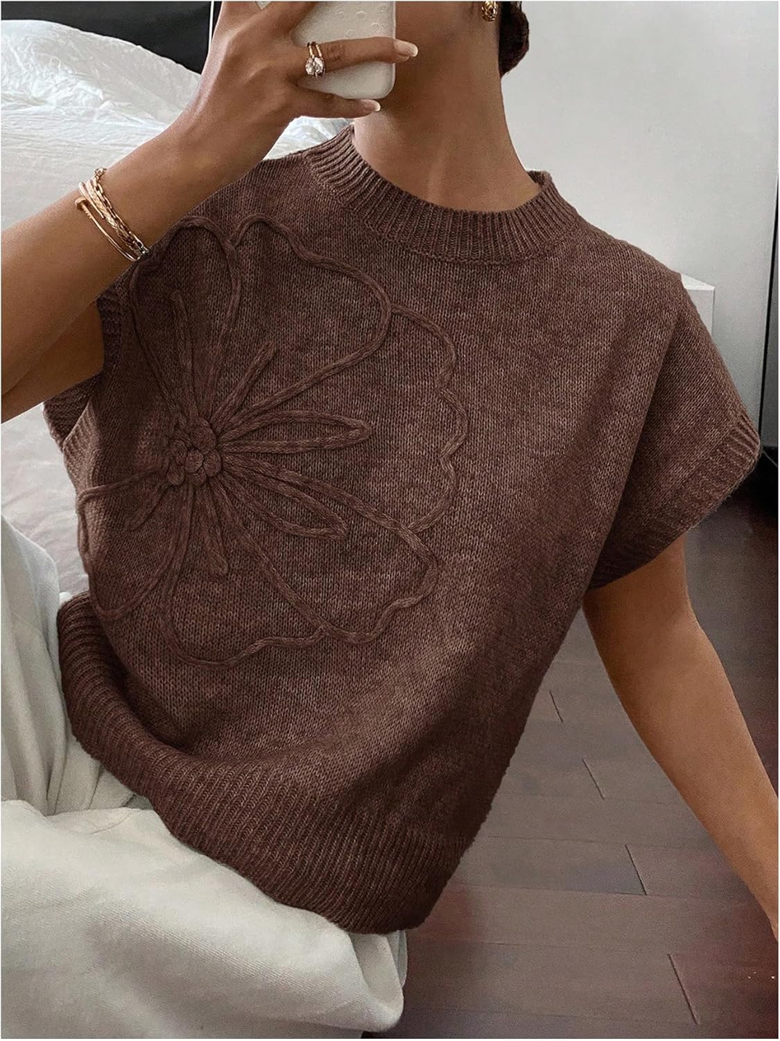 SOLY HUX Women's Short Sleeve Sweater 3D Floral Sweaters Pullover Tank Tops Knit Vest Trendy Fashion Clothing - Image 4