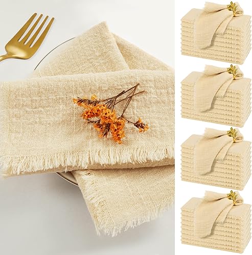 Paquete de 40 servilletas de tela marfil de algodón y lino a granel de 16.5 x 16.5 pulgadas, servilletas de gasa hechas a mano con flecos, de