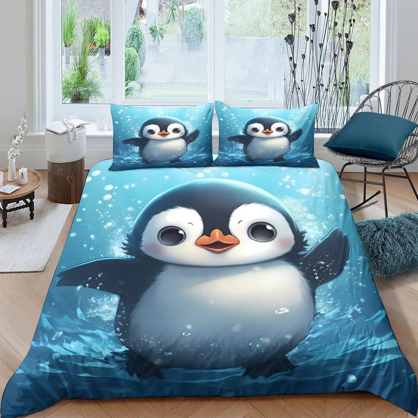 Ctjqhvkz Style-10 3D Printed Cute Penguin Fitted Sheet Microfiber Soft Blue Cartoon Mattress Cover For Bedroom Dorm Guest Room Mattress Protection Decor Single（135X200cm）