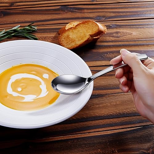 Miniatura 5 de KEAWELL Cucharas de sopa prémium de 7.3 pulgadas con asa de gancho, juego de 4, acero inoxidable 1810, cuenco hondo, perfectas para ramen, pho,