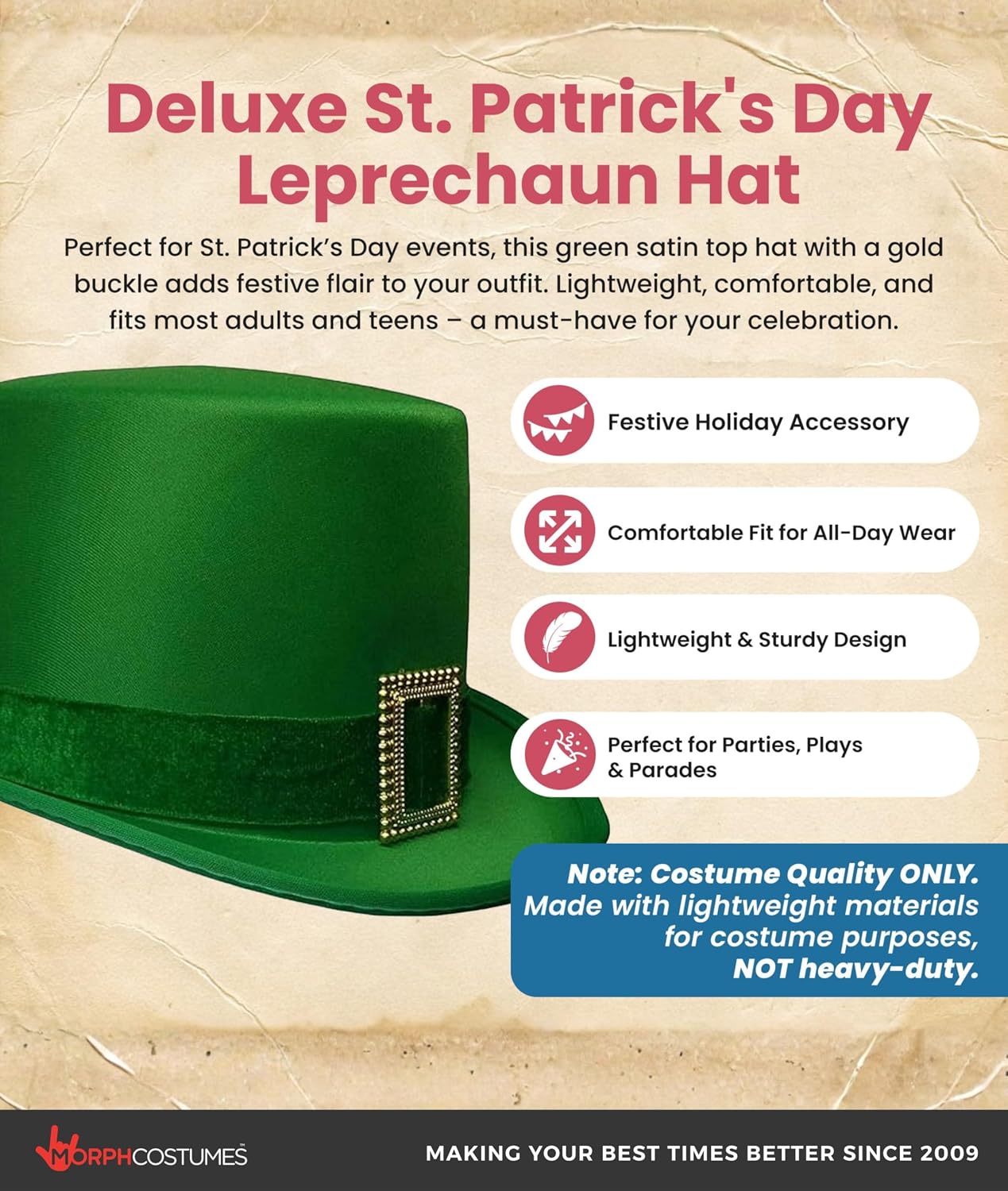 Nicky Bigs Novelties Green Top Hat with Gold Buckle, St Patricks Day Hat, Leprechaun Costume Accessory, Irish TopHat For Men