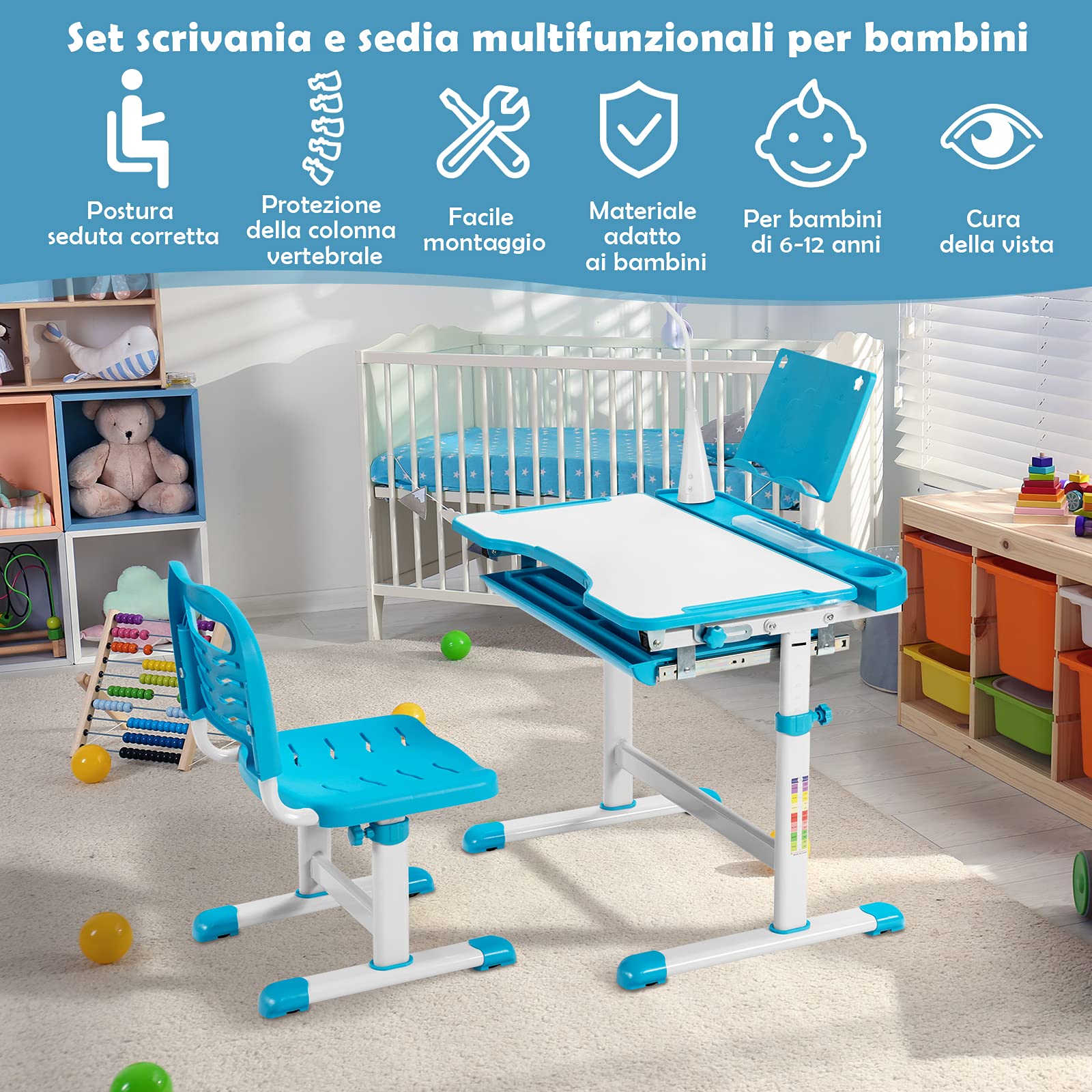 COSTWAY Set Scrivania e Sedia per Bambini, Tavolo Regolabile in Altezza con Piano Inclinabile 45° e Luce LED 3 Modalità, Tavolo e Sedia Ergonomica in Materiali Sicuri per 4+ Anni (Blu)
