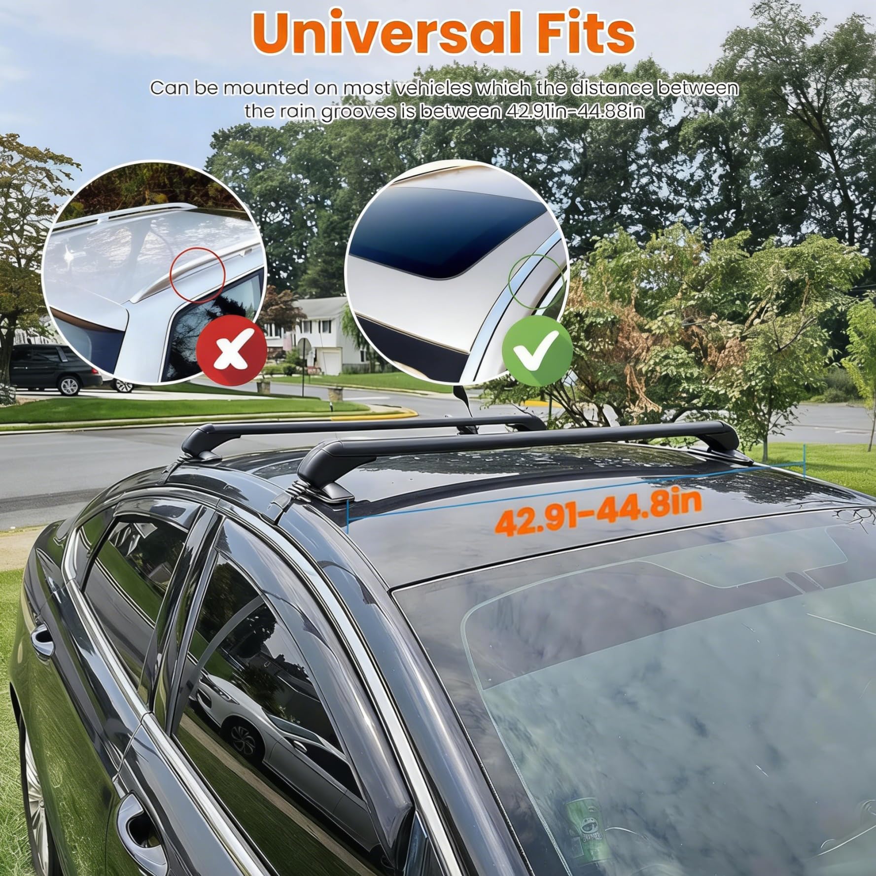 Universal Car Roof Rack Cross Bars w/Anti-Theft Lock,Heavy-Duty Aluminum Alloy Roof Rail w/165LBS Capacity for Bike, Kayak,Cargo, Luggage Fits Vehicles with Rain Gutter Spacing 42.91in-44.88in (2PCS)