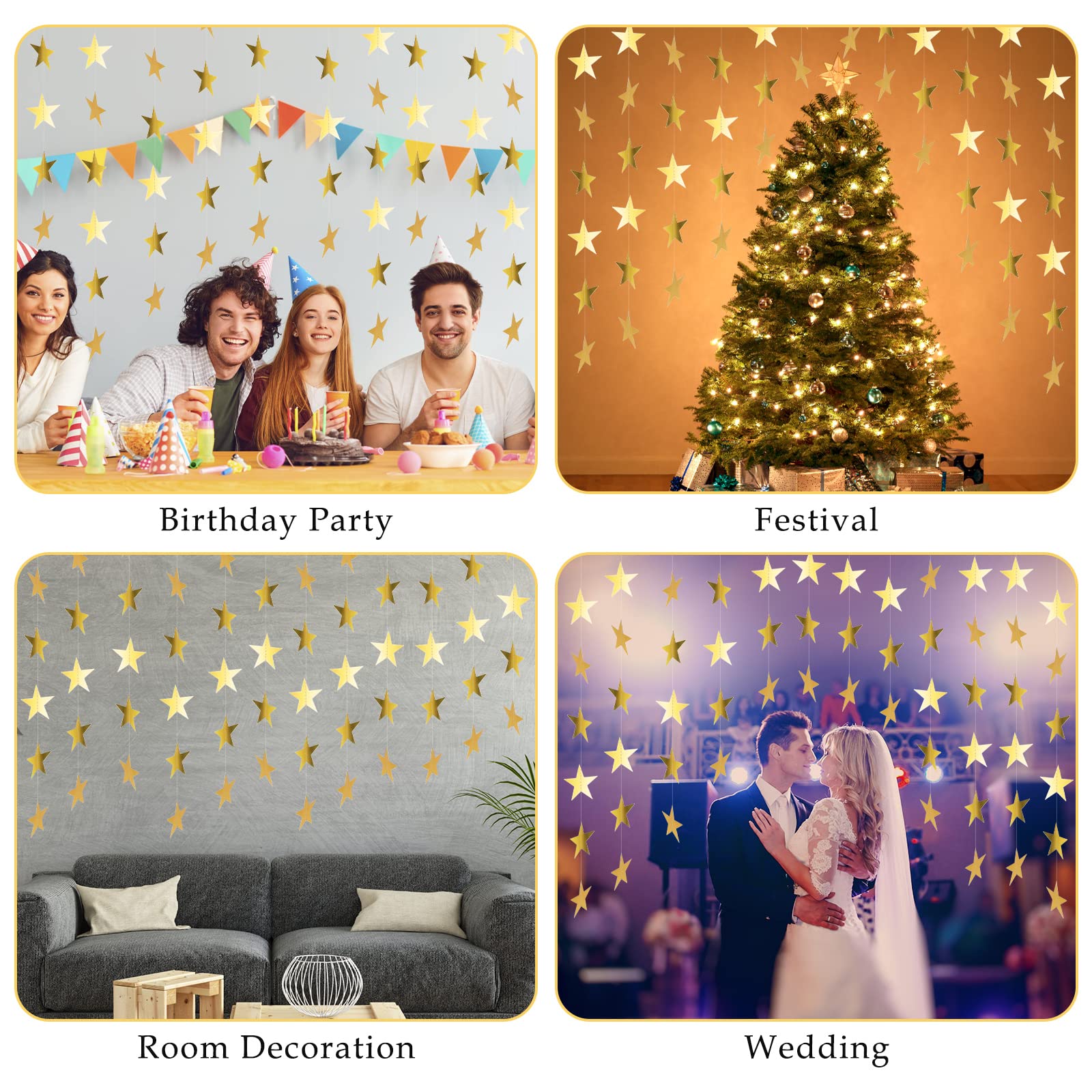 Gold Black -Guirlande D'étoiles Rondes En Papier Brillant De 4M