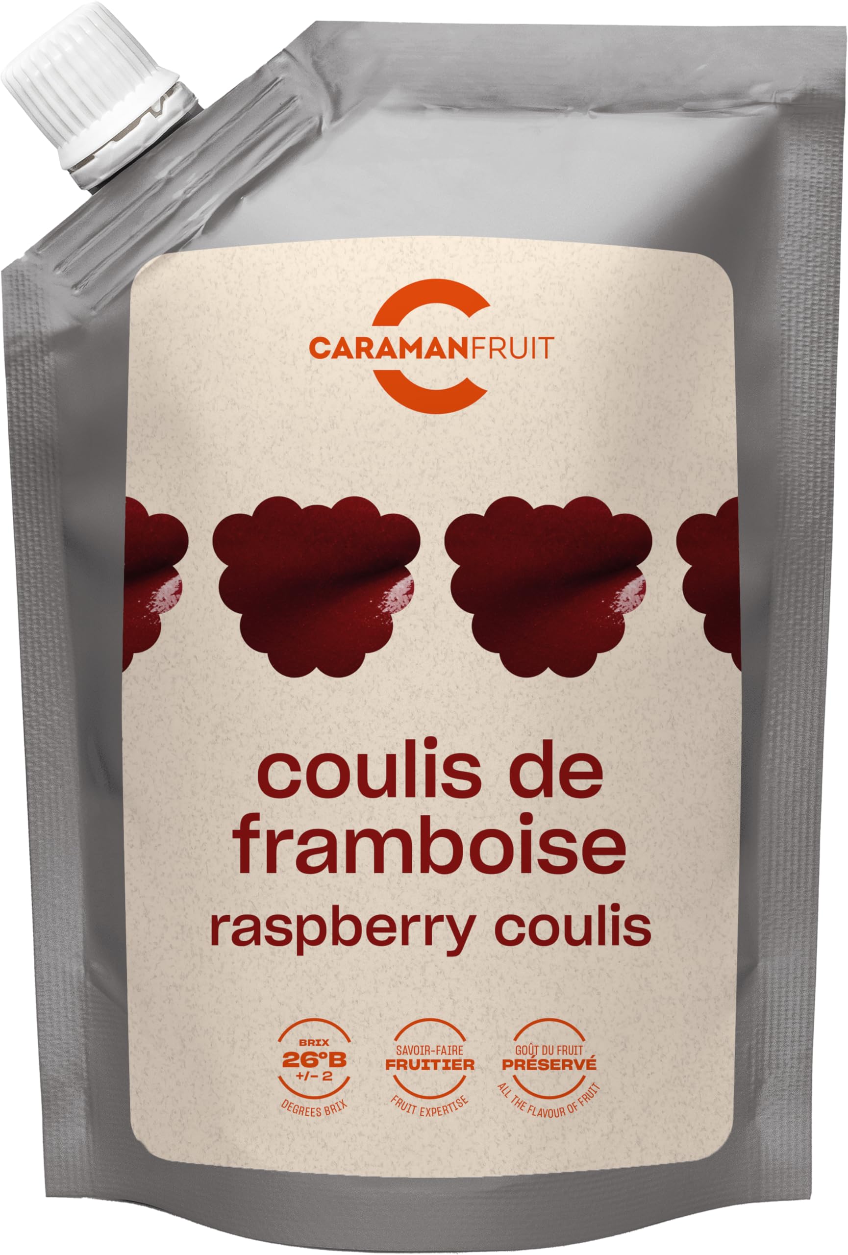 Caramanfruit Himbeeren-Frucht-Coulis - 4x 1kg - einzigartiges süßes Beeren-Frucht-Püree, Himbeere frei von Farb- und Konservierungsstoffen, zur Herstellung von Sorbet, Eis, Torte, Kuchen (4er)