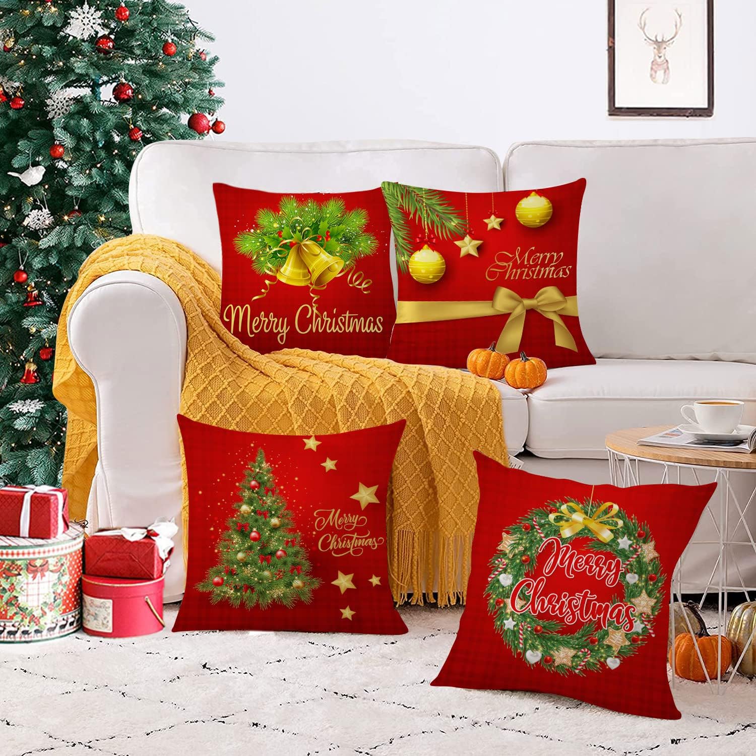 Set of 4 Christmas Pillow Covers 24x24 Inch Merry Christmas Pillow Cases Christmas Velvet Throw Pillow Covers Gold Red Xmas Holiday Pillow Covers Outdoor Couch Sofa Cushion Covers for New Year(24)