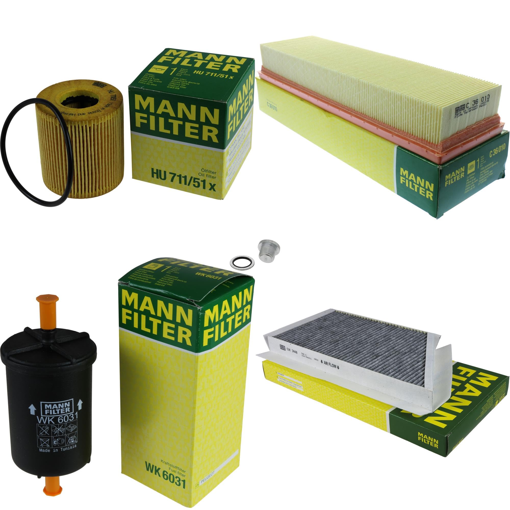 Paquete de inspección Kit de mantenimiento de filtros con filtro de aceite HU 711/51 x, filtro de aire C 36 010, filtro de combustible WK 6031, filtro de habitáculo CUK 3448, tornillo de