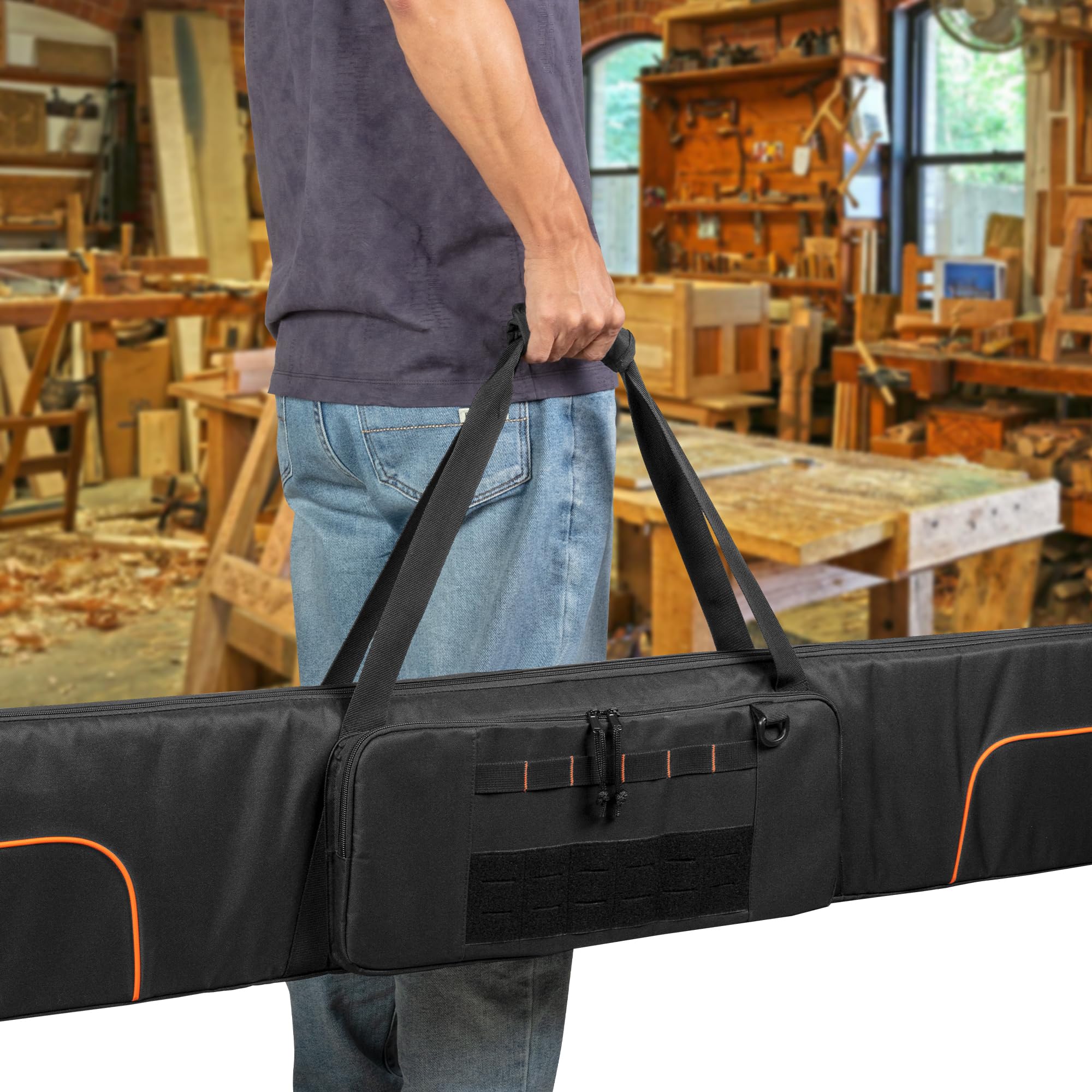 Rexmica Bolsa para 2 Guías de Sierra Circulares - hasta 150 cm, Negro | Porta Carril Guía Acolchada, Bolse de Transporte para Guía con Bolsillo Grande con Cremallera y Asa (Solo Bolsa)