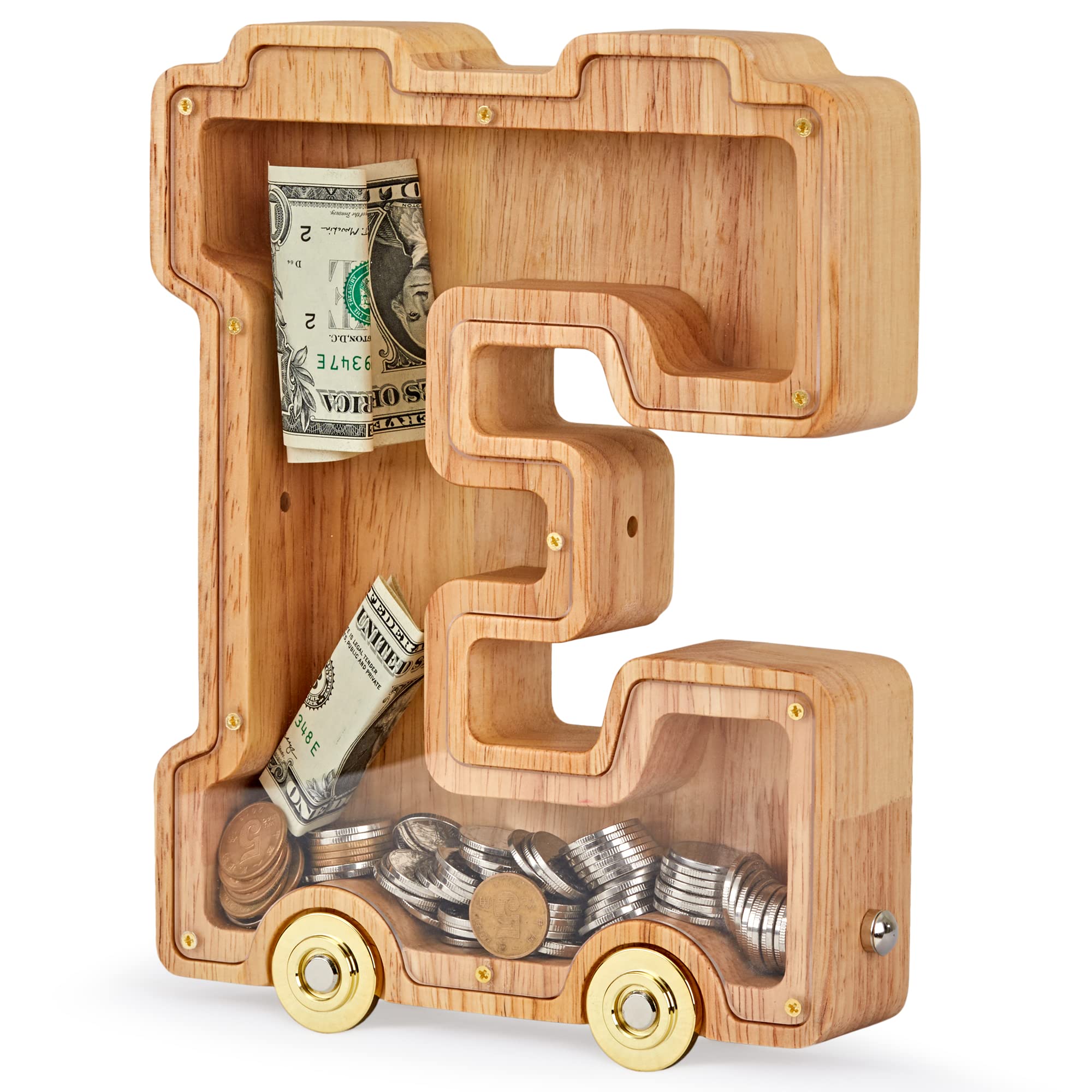 Wooden Letter Piggy Bank, Inter-connectable Piggy Bank for Kids Boys Girls, Alphabet E Money Bank Toy with Wheels, Gift for Kids (Initial-E)