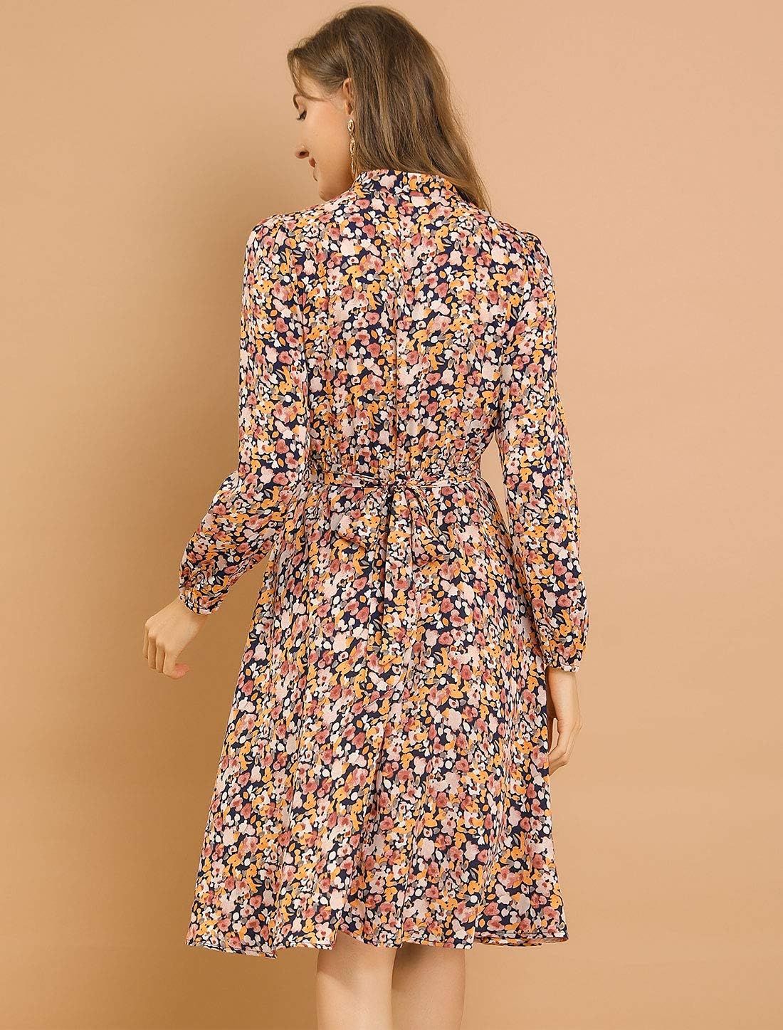 Allegra K Women's Tie Neck Dresses Chiffon Long Sleeve Belted Vintage Floral Dress - Image 5