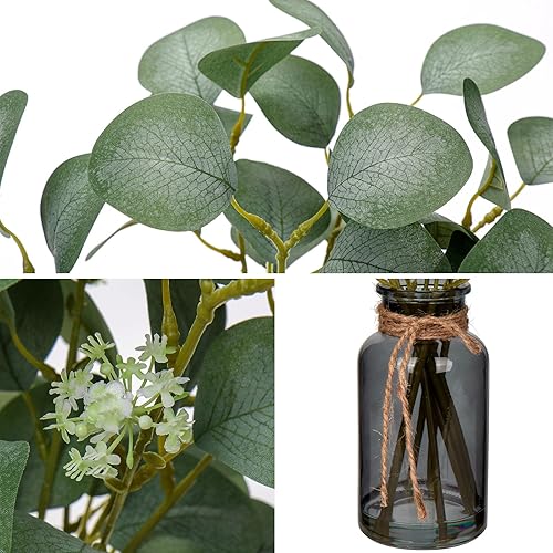 Miniatura 5 de Briful - Tallos de eucalipto artificiales en jarrón negro de vidrio con agua sintética, hojas de eucalipto falsas de 14 pulgadas para decoración del