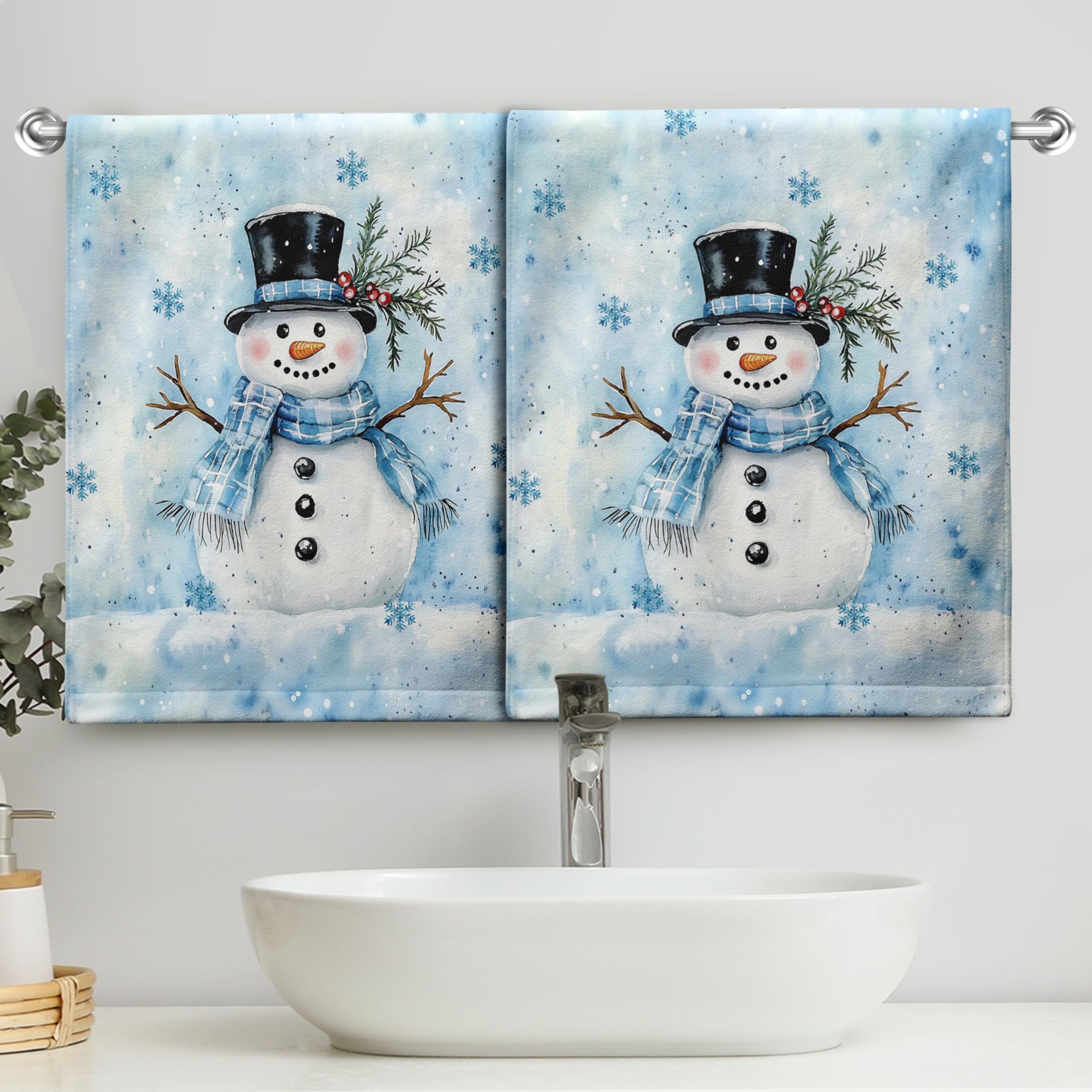 Kwlegh Winter Snowman with Blue Snowflakes Hand Towels 14.4x28.3 Lovely Snowman Towels Set of 2 Kitchen Towels Highly Absorbent Fingertip Towels for Xmas Bathroom Decor Kitchen Hotel โ image 1