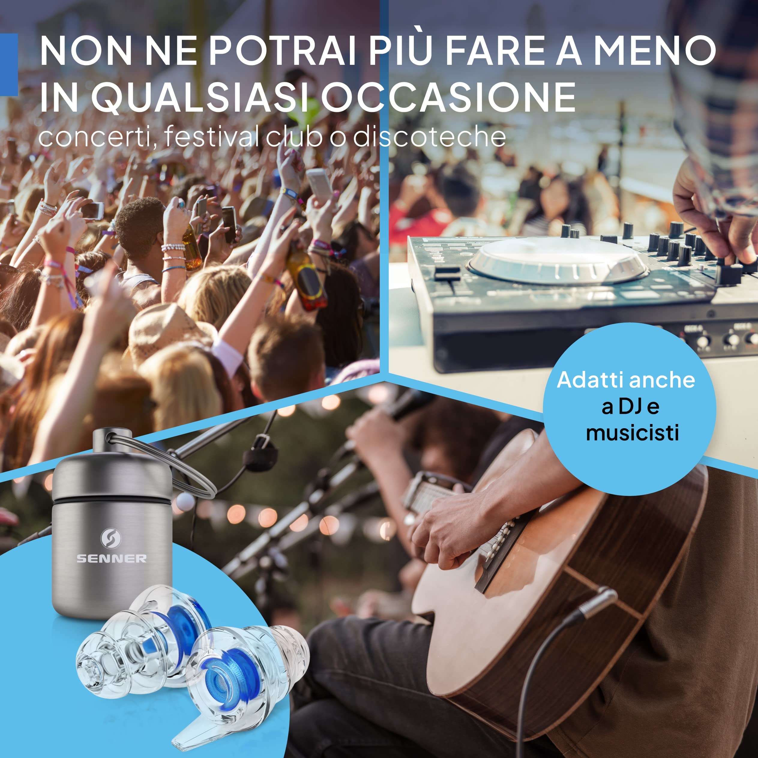 Senner MusicPro tappi per orecchie antirumore a protezione dell’udito con contenitore in alluminio. Ideali per musica, concerti, discoteca e festival, blu/trasparente
