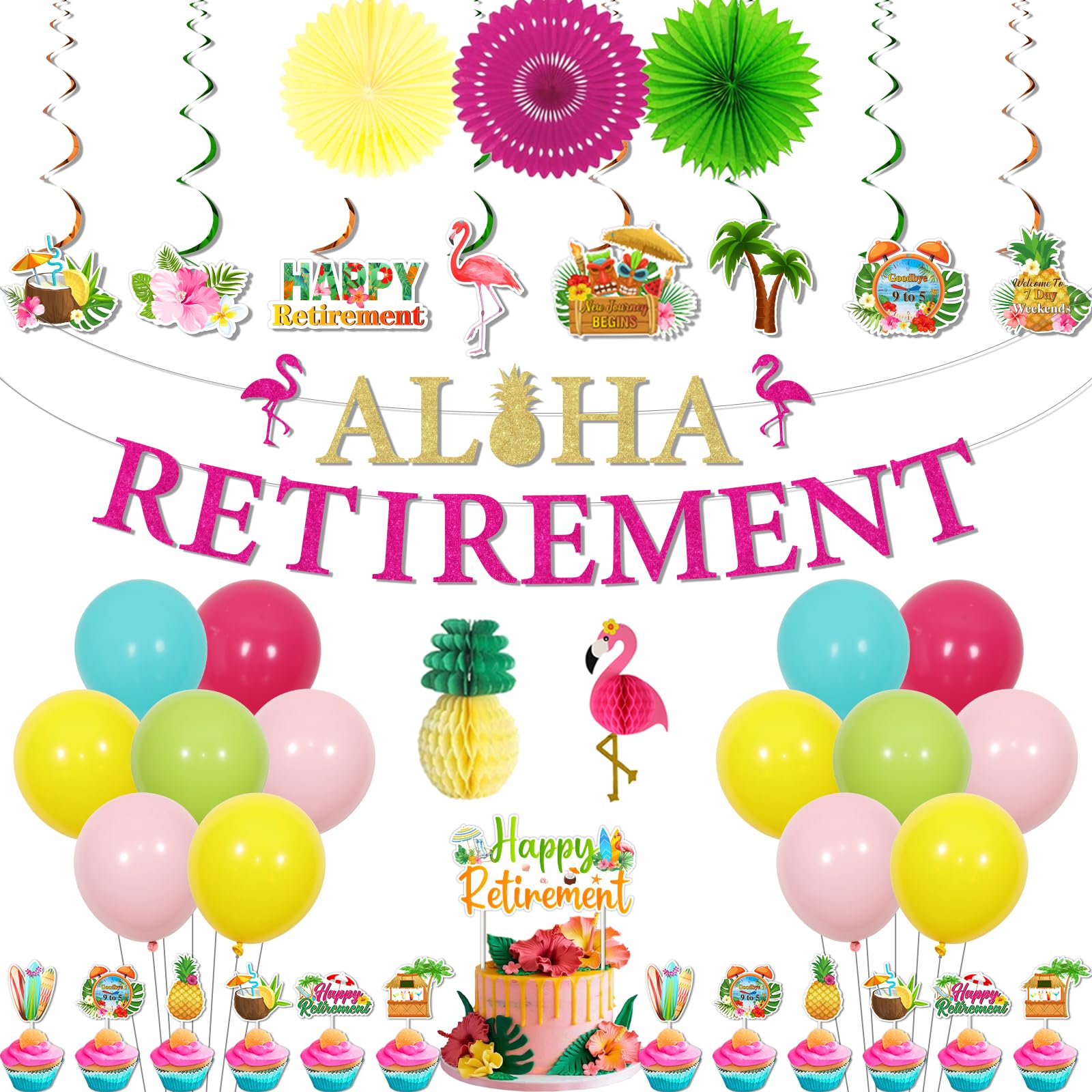 Funmemoir Tropical Retirement Party Decorations - Happy Retirement Cake Cupcake Toppers, Banner, Paper Fans, Balloons for Beach Themed Tropical Hawaiian Luau Retired Party Decoration