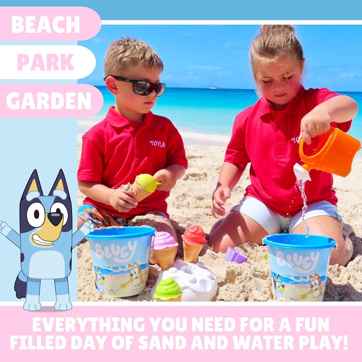 Toyland® Bluey & Bingo 14 Piece Bucket & Scoop Set with Ice Cream Cones - Sand & Water Play Sandbox - Beach Toys