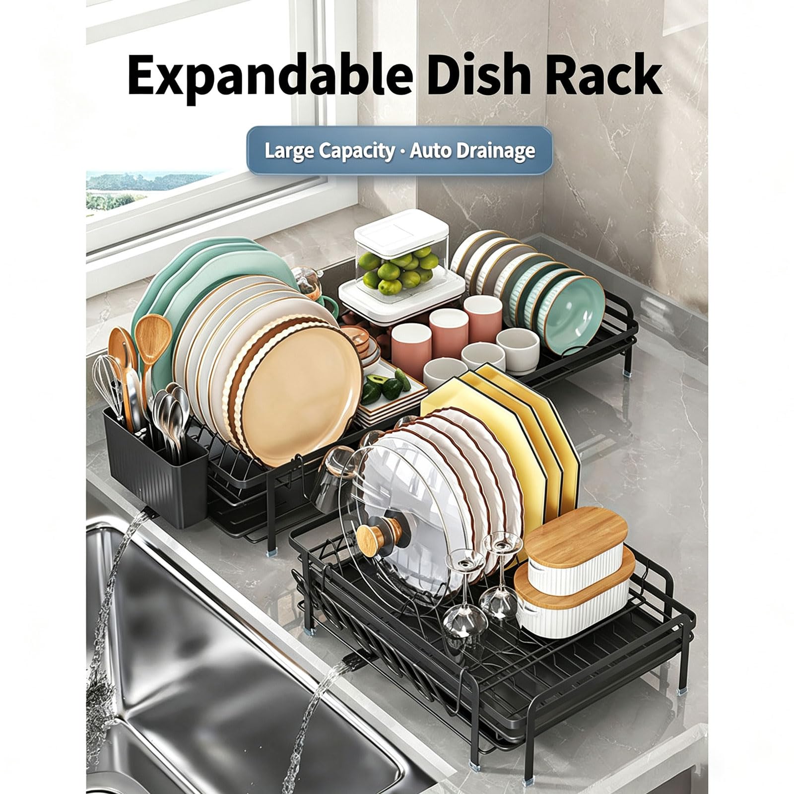 Escurreplatos Extensible 41-76cm,Escurridor Platos | Grande,en Acero al Carbono,Con Bandeja Recogegotas,Portacubiertos,Portavasos,Boquilla Extensible y Giratoria 360° Organizador Cocina Fregadero