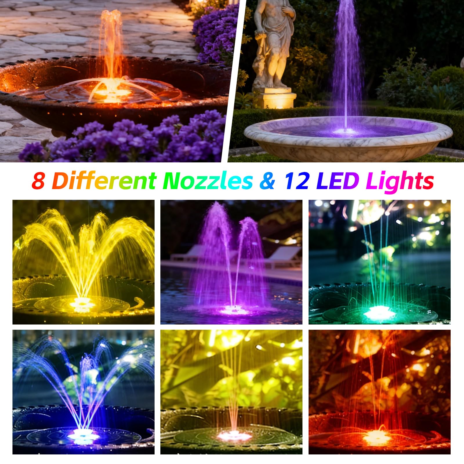 Fuente Solar Jardin Exterior Bomba de Estanque Agua Solar y 8 Boquillas y 12 Leds Colorido para Baño de Pájaros, Estanque para Jardines, Piscinas, Estanques de Peces