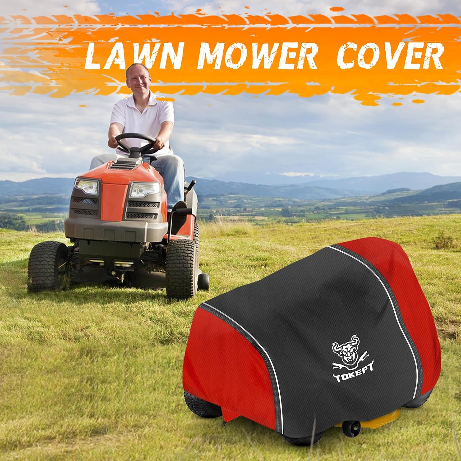 Riding Lawn Mower Cover, Heavy Duty Waterproof Tractor Cover with Wind Triangle Straps Fits Decks up to 54", Universal Garden Tractor 72"L x 54"W x 46"H (Black&Red)