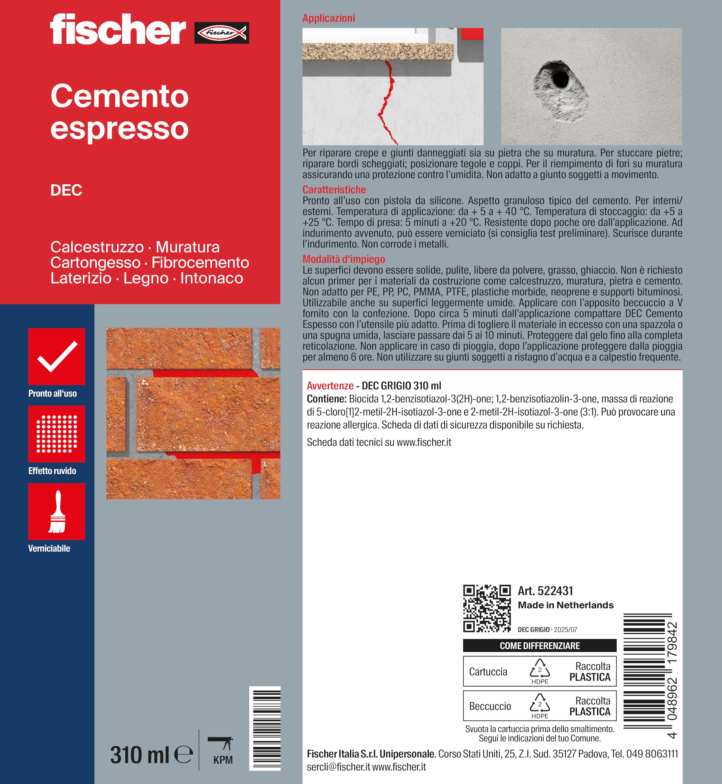 Fischer DEC Cemento Espresso, Sigillante per Riparazione e Riempimento di Crepe, Giunti Interni ed Esterni, Uso con Pistola da Silicone, 522431