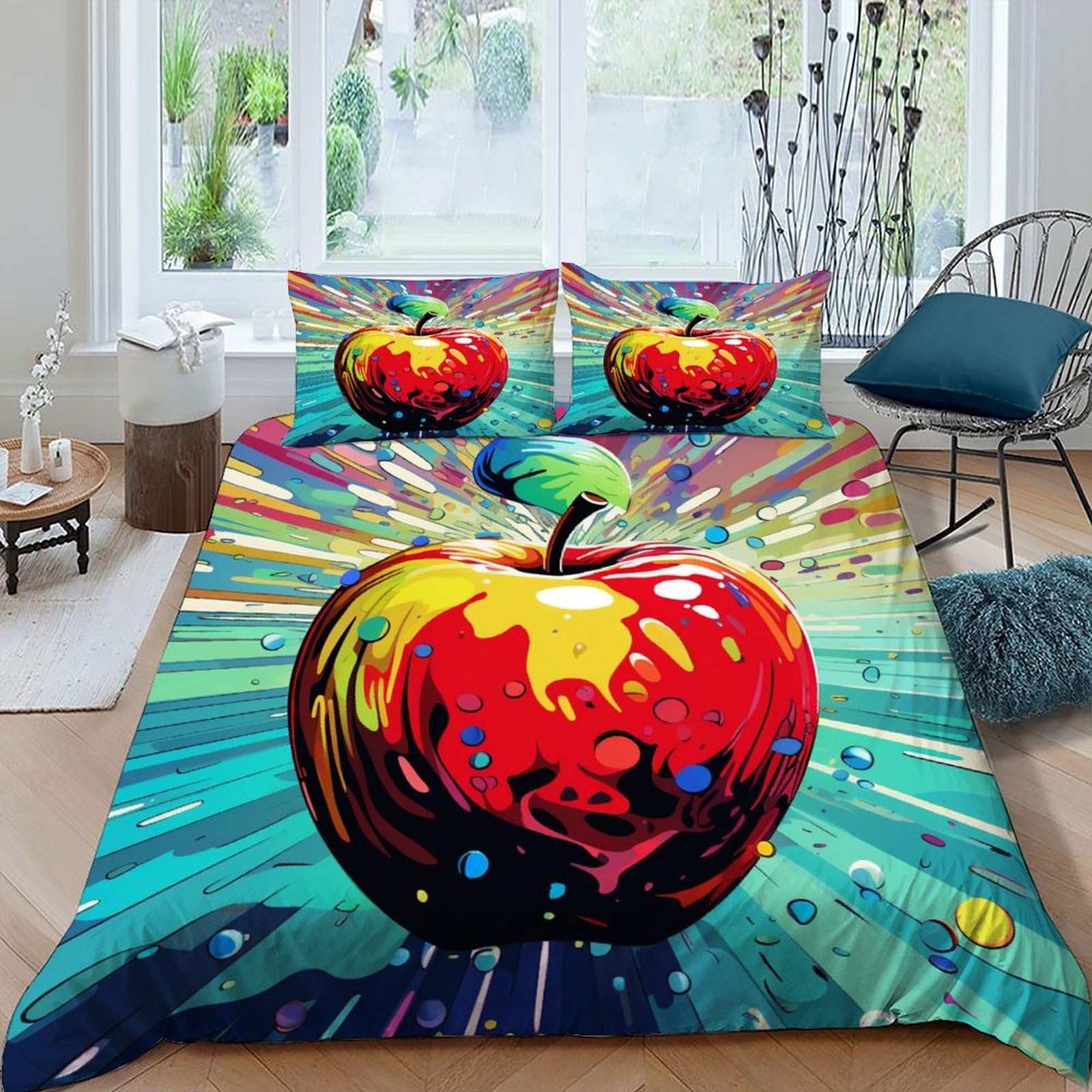Housse de couette anti-plis peinture à l'huile Apple avec fermeture éclair pour lit King 3 pièces