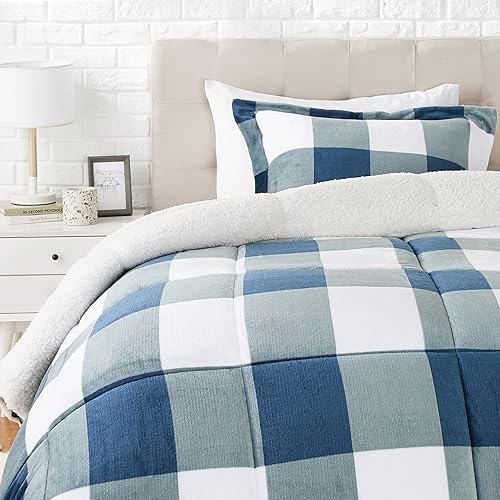 Amazon Basics Ultra-Soft Micromink Sherpa Comforter Bed Set - Teal Gingham, Twin