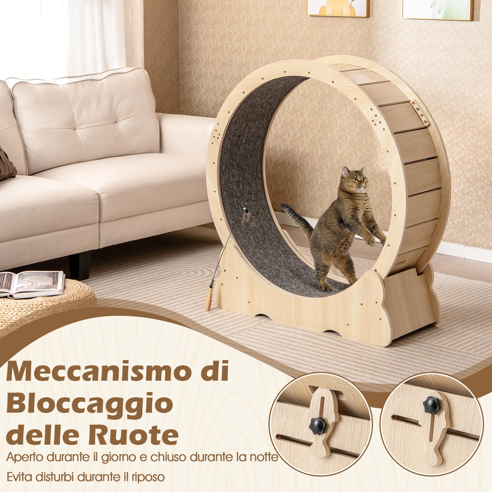 COSTWAY Ruota per Esercizio per Gatti da Interno 101 cm, Tapis Roulant per Gatti con Meccanismo di Blocco, Corsa con Moquette Rimovibile, Ruota di Allenamento in Legno a Rumore Ultra Basso