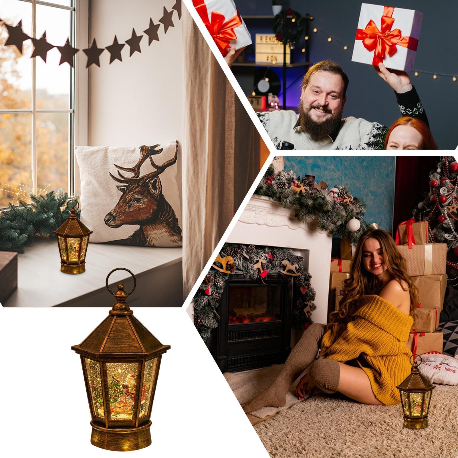 Lanterna con neve illuminata, musicale con neve con glitter vorticosi, decorazione da tavolo a batteria, decorazione per feste di Natale | decorazione da tavolo a batteria, decorazione per feste di Natale
