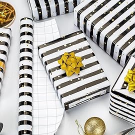 MAYPLUSS Stripe Wrapping Paper, Black and White Striped Wrapping Paper, Chic Black & White Stripes with Gold Speckles Birthday Gift Wrap for Father\'s Day, Graduations, Christmas (17 Inch X 33 Feet)