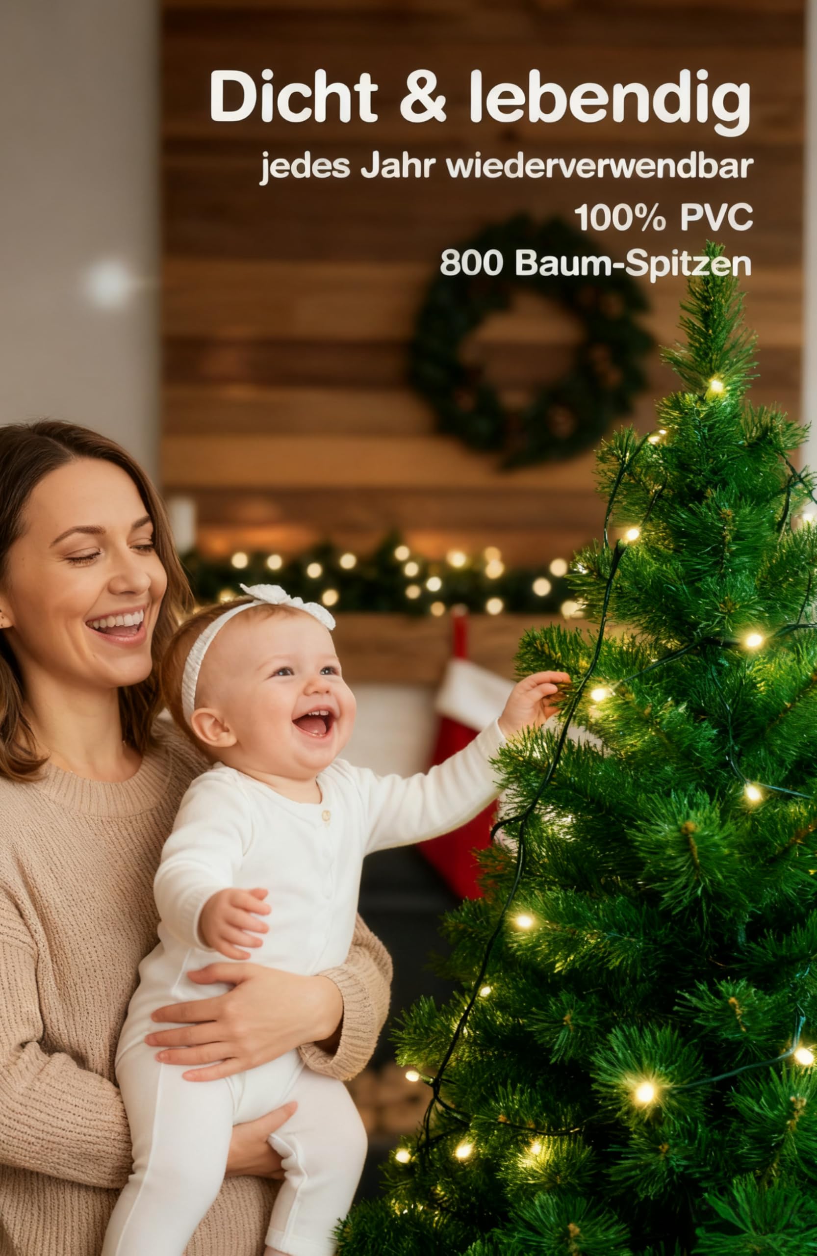 Künstlicher Weihnachtsbaum 150 cm 2-in-1 Set, Dichte PVC-Zweige, Tannenbaum Künstlich mit Lichterkette, Stabiler Christ