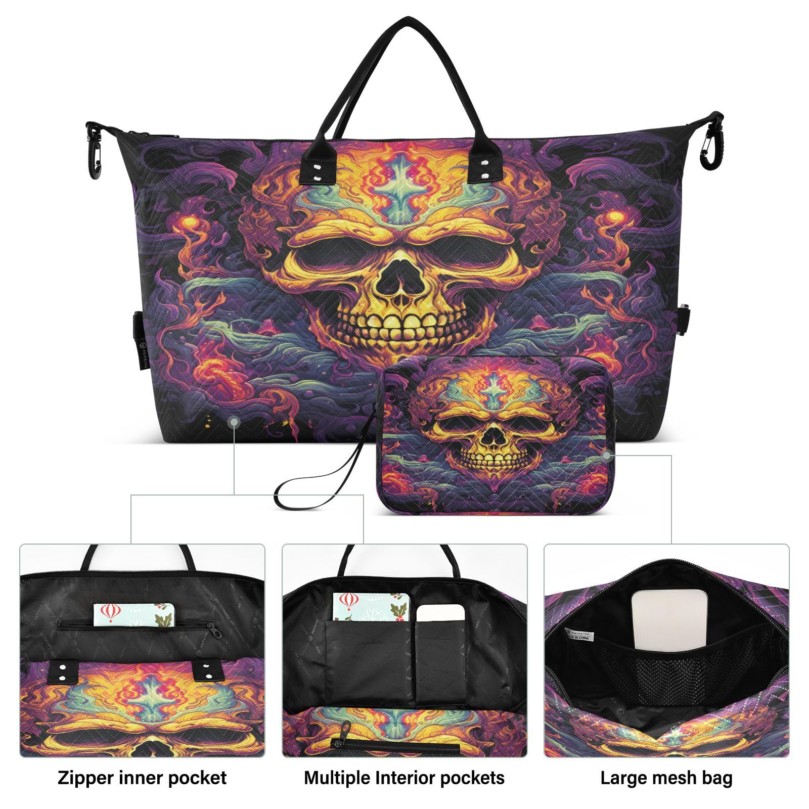 Cool Fired Skull Flames Sports Swim Gym Bag Weekender Duffel Travel Bags Handbag with Makeup Storage Bag for Girls Men