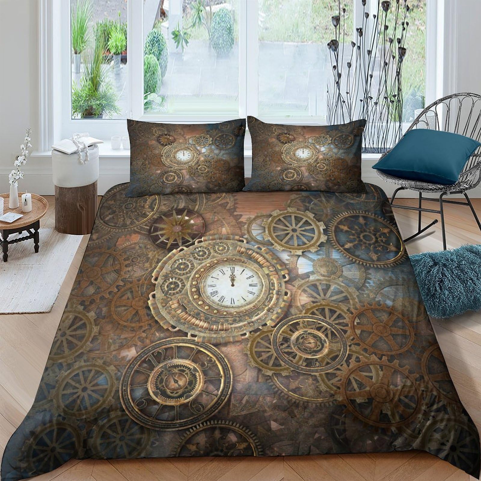Ctjqhvkz Style-6 3D Printed Vintage Clock Fitted Sheet Microfiber Soft Breathable Steampunk Mattress Cover Bedroom Decor Protection Single（135X200cm）