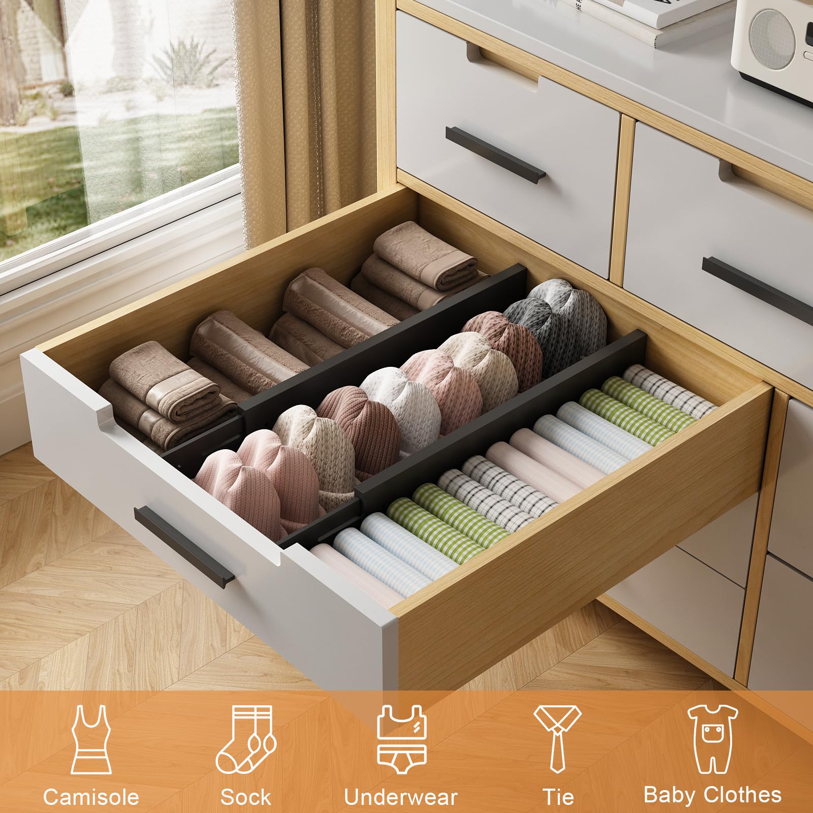 Separadores de cajones de bambú, organizador de cajones de cocina ajustable de 17 a 22 pulgadas para ropa, paquete de 8 separadores de organización de cajones expandibles para dormitorio, baño,