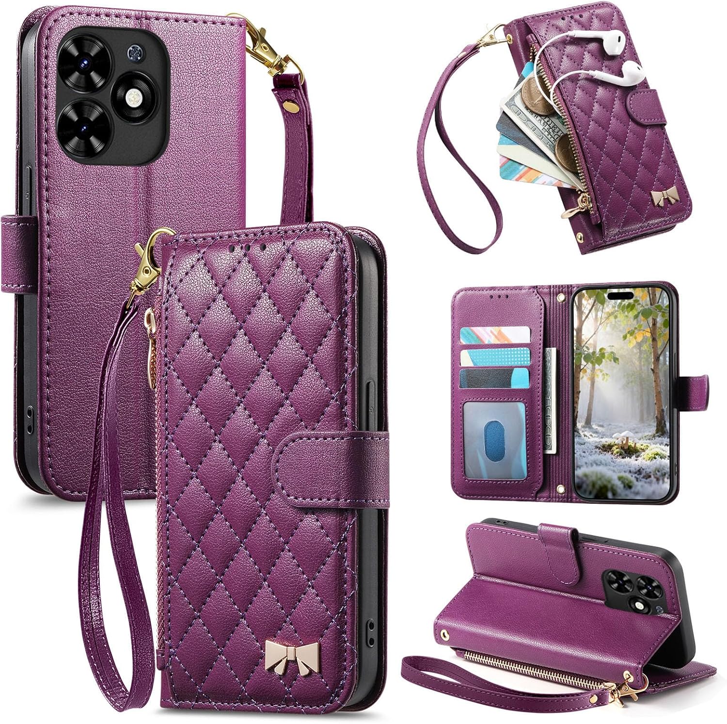 Compatible with Tecno Spark Go 2024 4G Compatible with Tecno Spark 20 4G / Spark 20C / Pop 10C Flip Kickstand Zipper Wallet with a Lanyard and Magnetic Closure Phone Case Purple