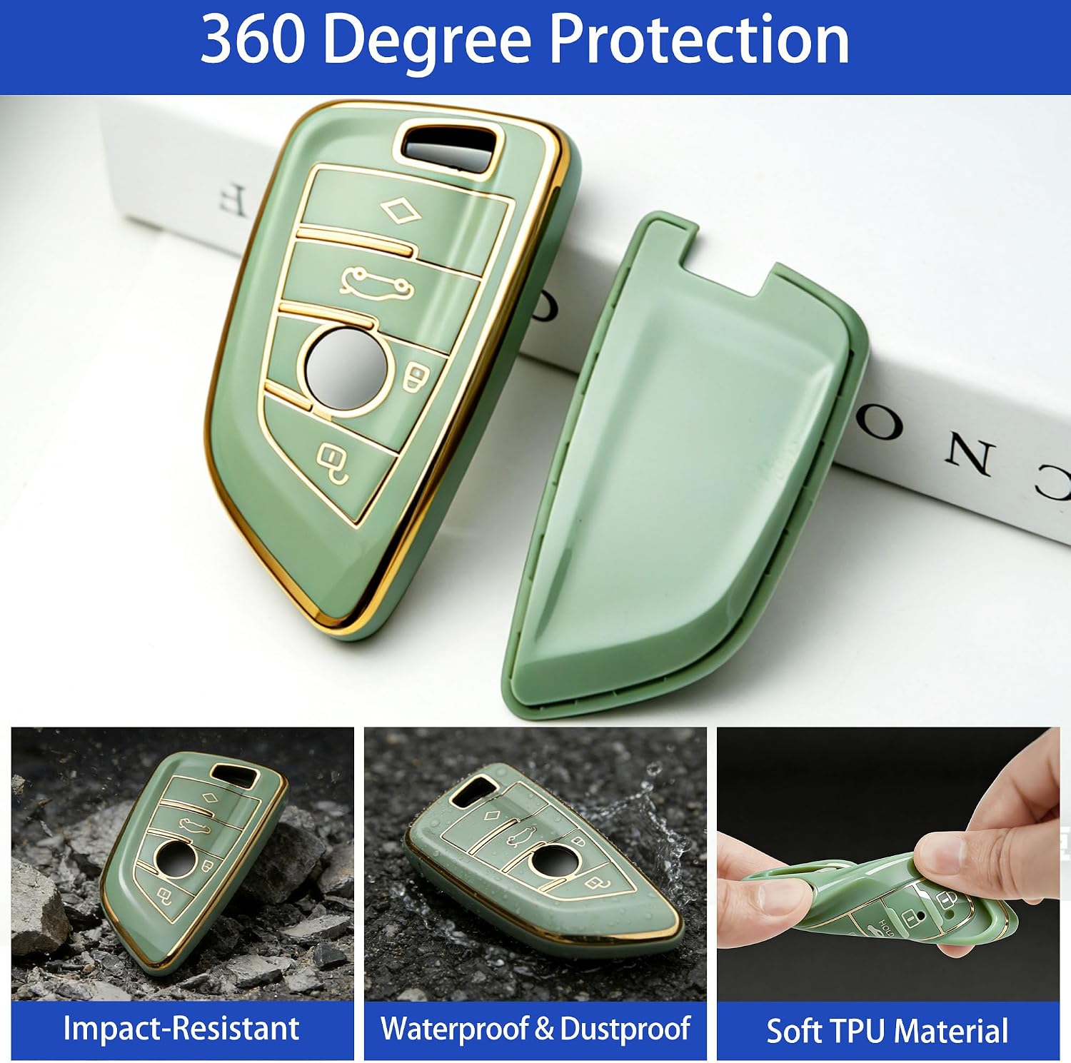 for BMW Key Fob Cover with Keychain for 2 5 6 7 Series X1 X2 X3 X5 X6 X7 Premium Soft TPU Key Fob Holder (Gold-Green) image 4