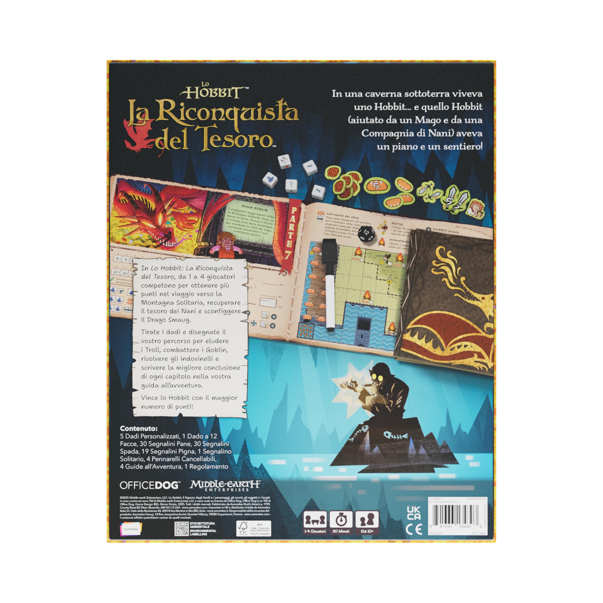 Asmodee Lo Hobbit: La Riconquista del Tesoro, gioco per tutta la famiglia da 1 a 4 giocatori dai 10 anni in su, gioco di dadi competitivo e narrativo ambientato nella Terra di Mezzo, Italiano