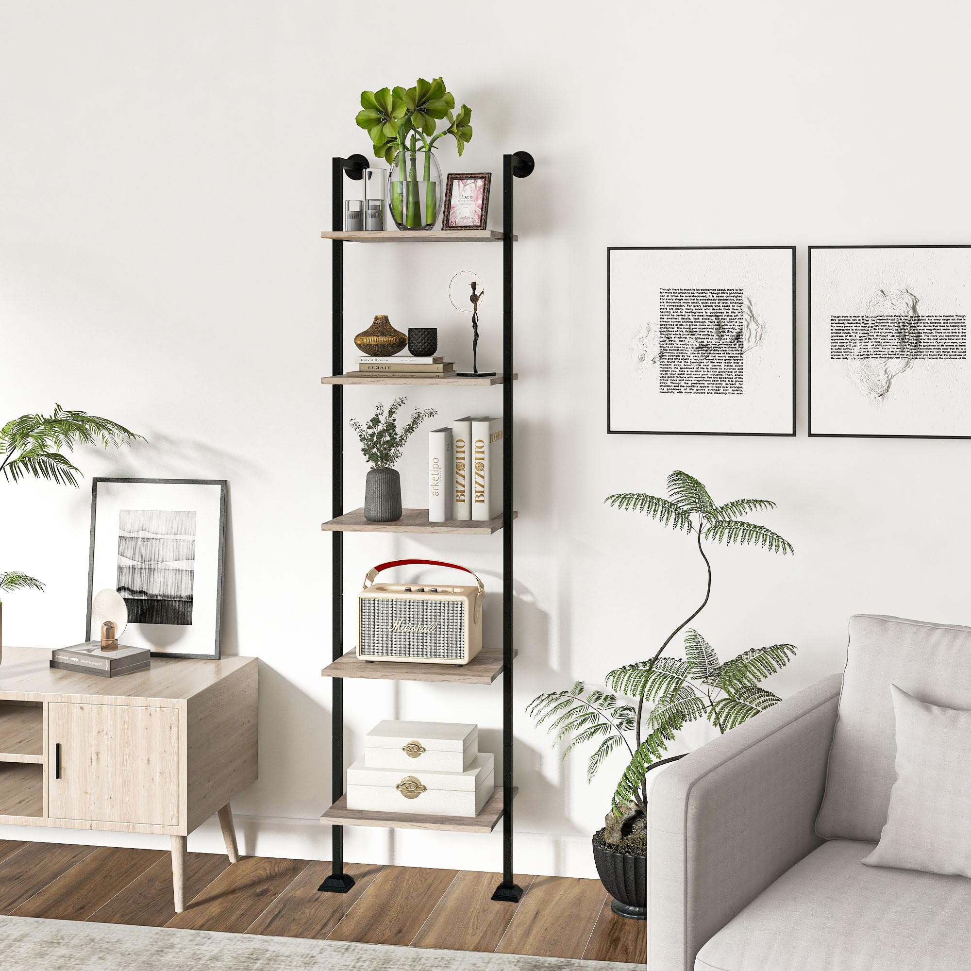 Axeman 5-Tier Ladder Shelf, Tall Narrow Bookcase for Small Spaces, Book Storage Organizer Case Open Shelves for Living Room, Home Office, Study, Industrial Style Black Metal Frame and Gray Shelf